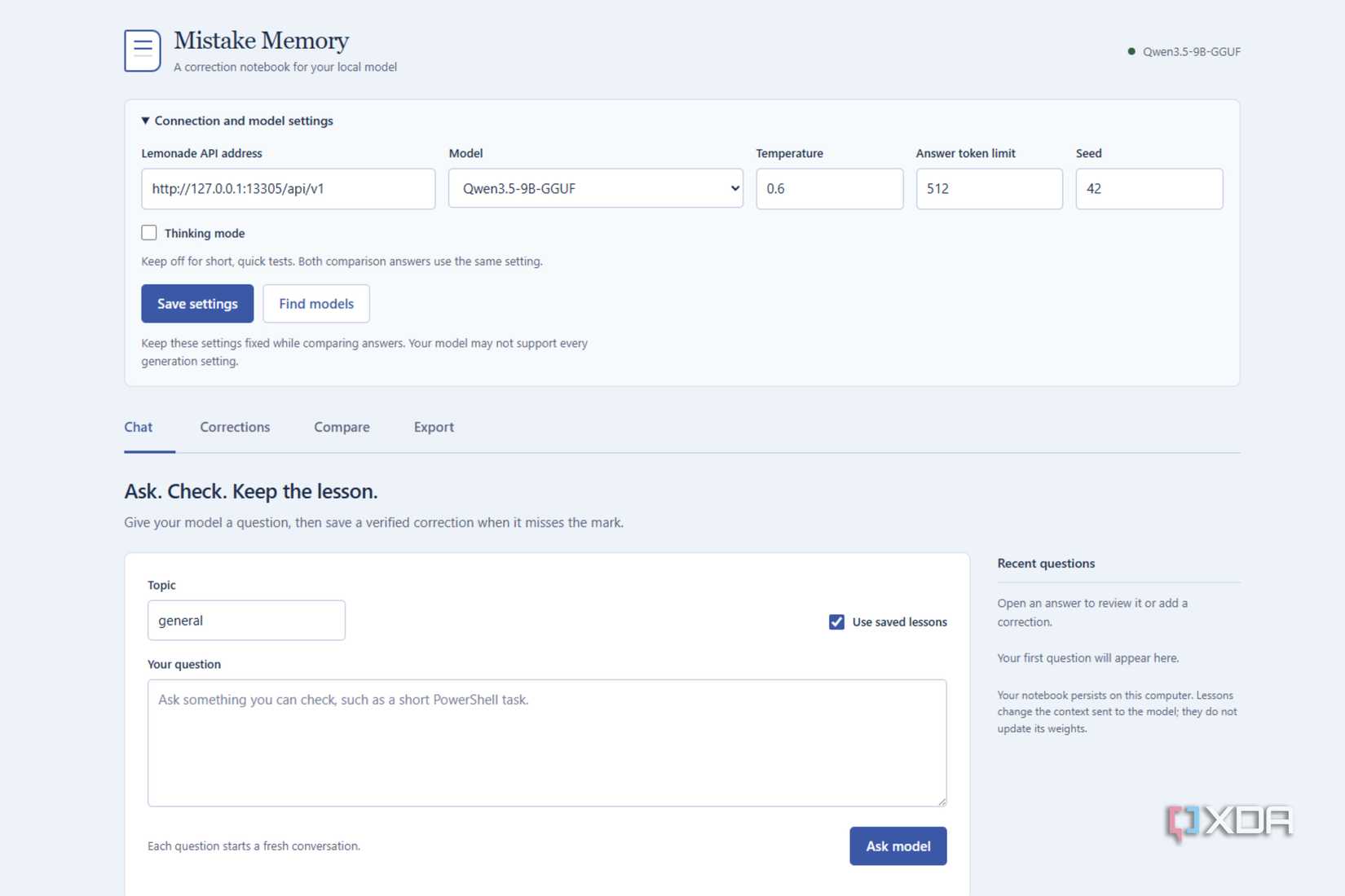 Разработка Mistake Memory: как обучить локальную LLM на собственных ошибках интерфейс программы Mistake Memory с открытой вкладкой настроек