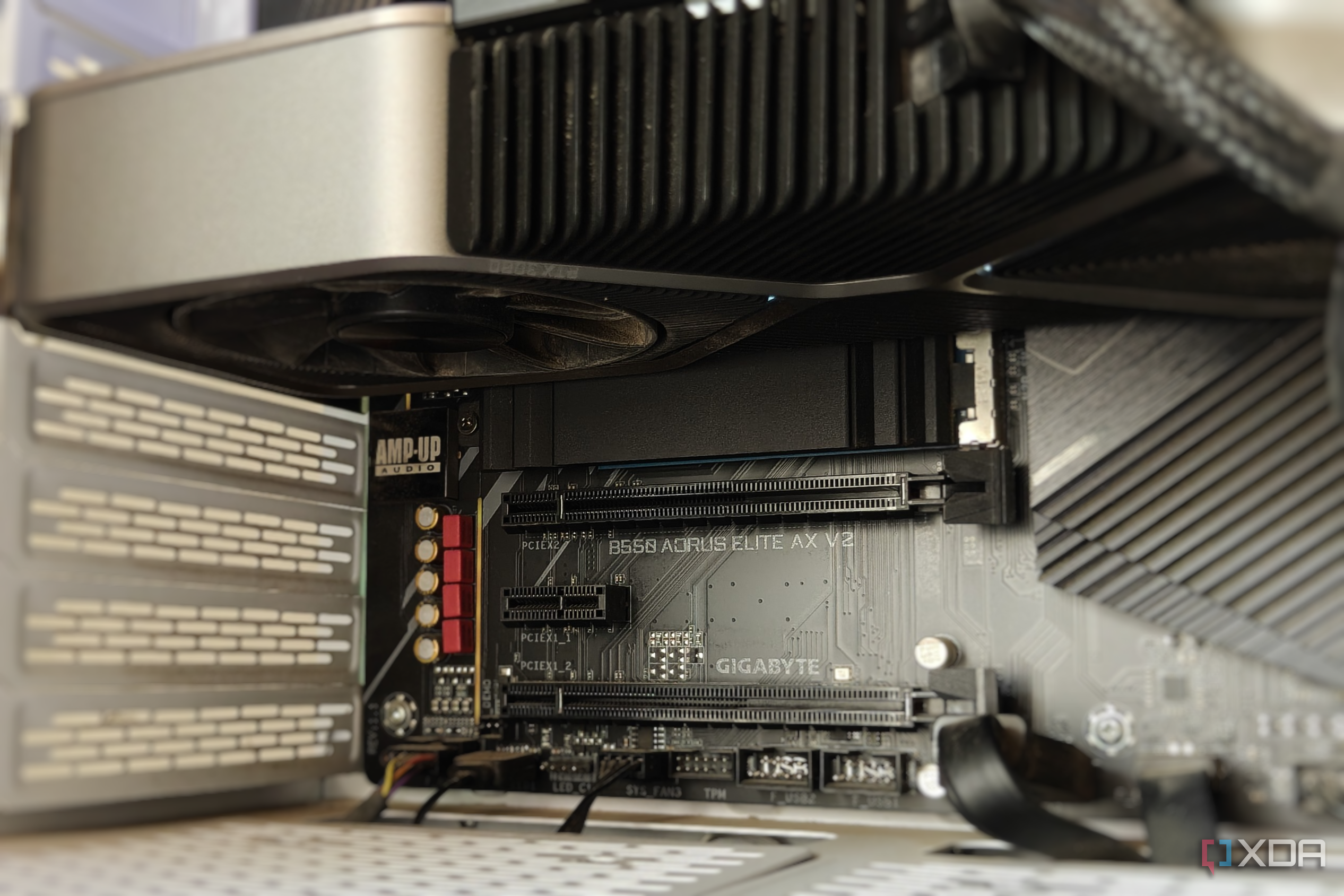Close-up of an M.2 slot below the graphics card on a motherboard