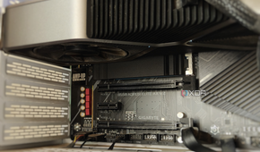 Close-up of an M.2 slot below the graphics card on a motherboard