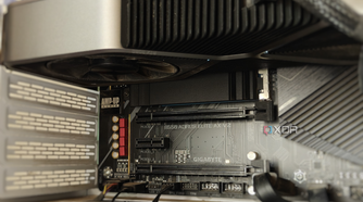 Close-up of an M.2 slot below the graphics card on a motherboard