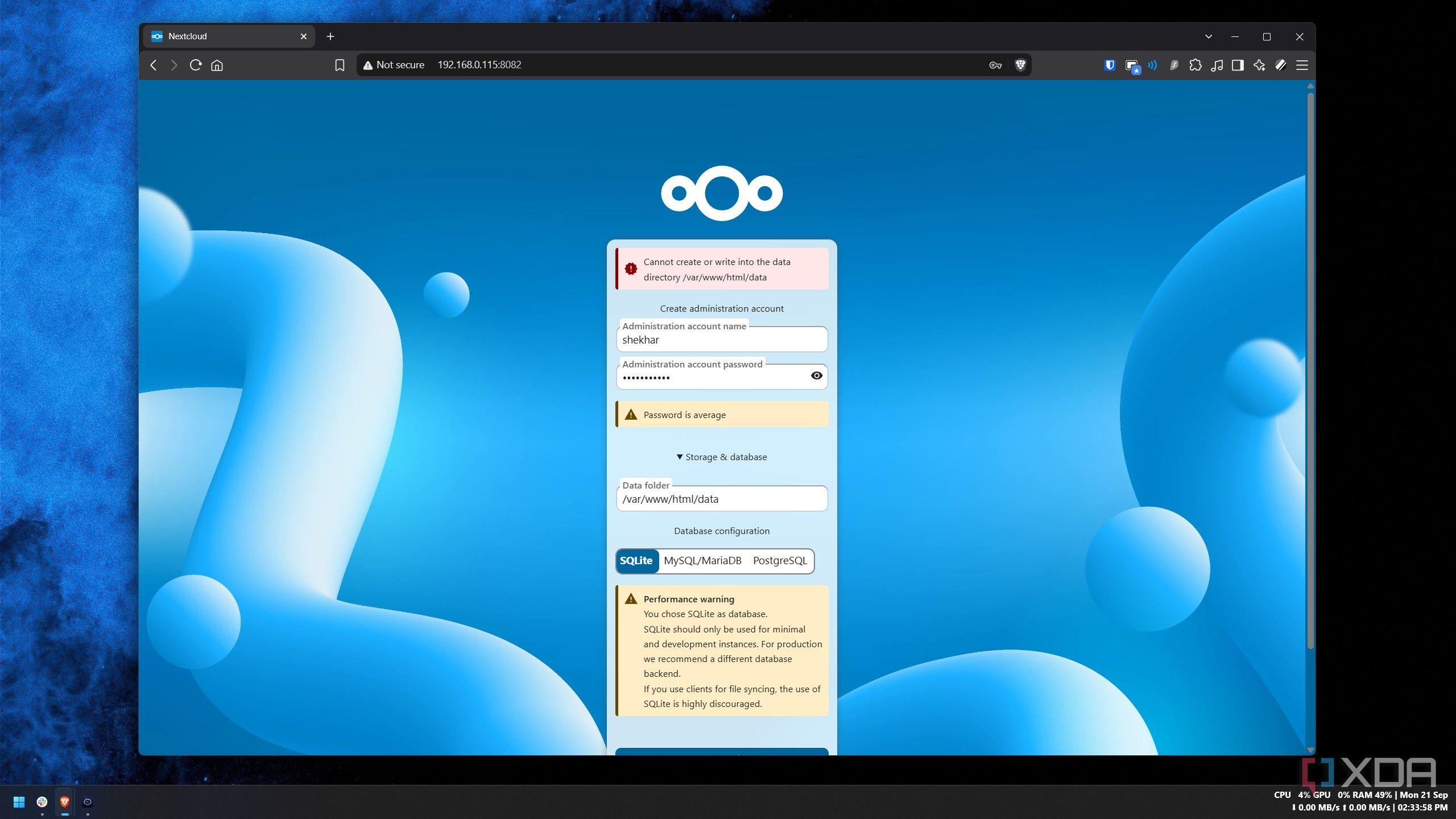 Nextcloud setup error: cannot write into /var/www/html/data