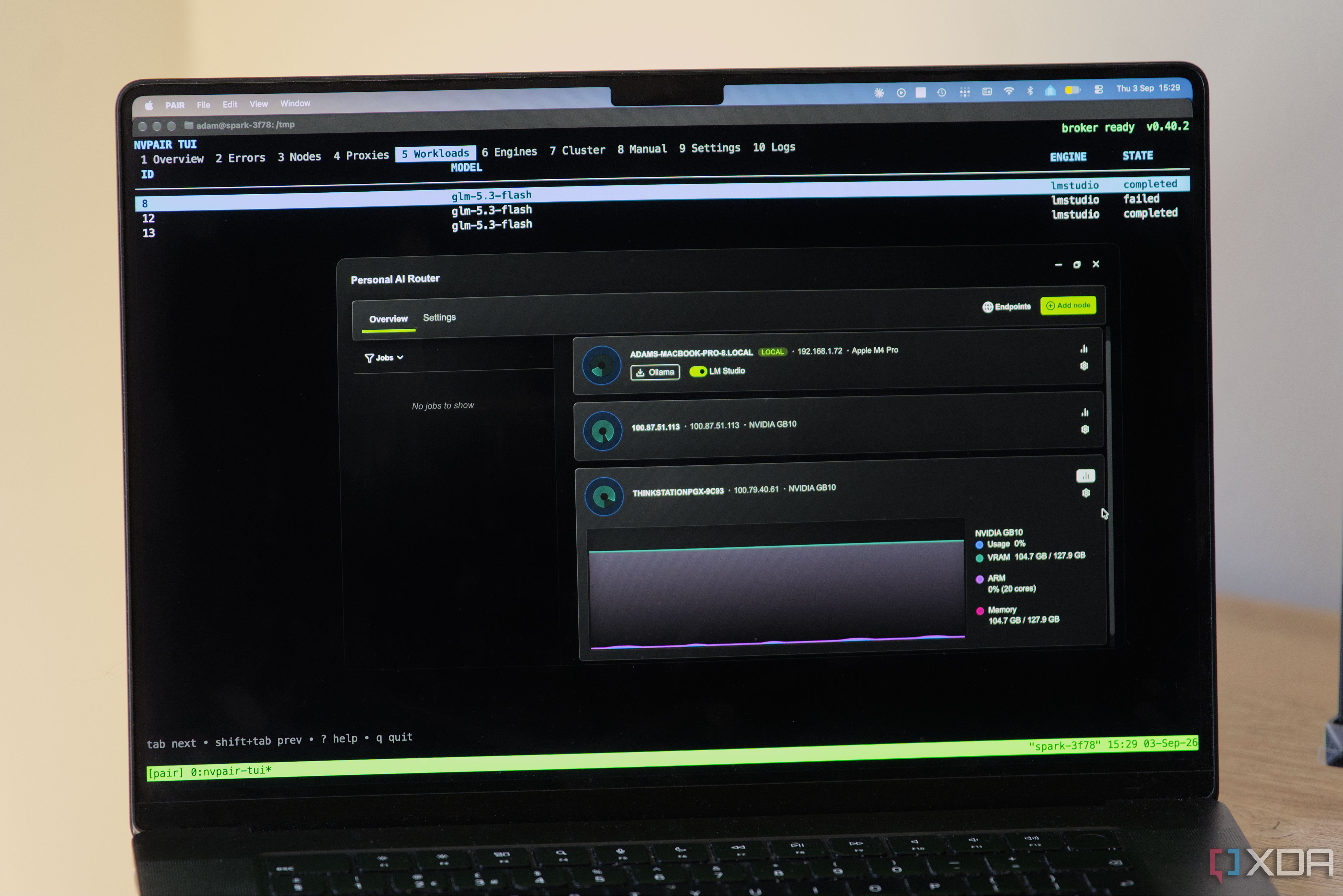 Nvidia Pair running on a Mac, showing the Linux TUI in the background