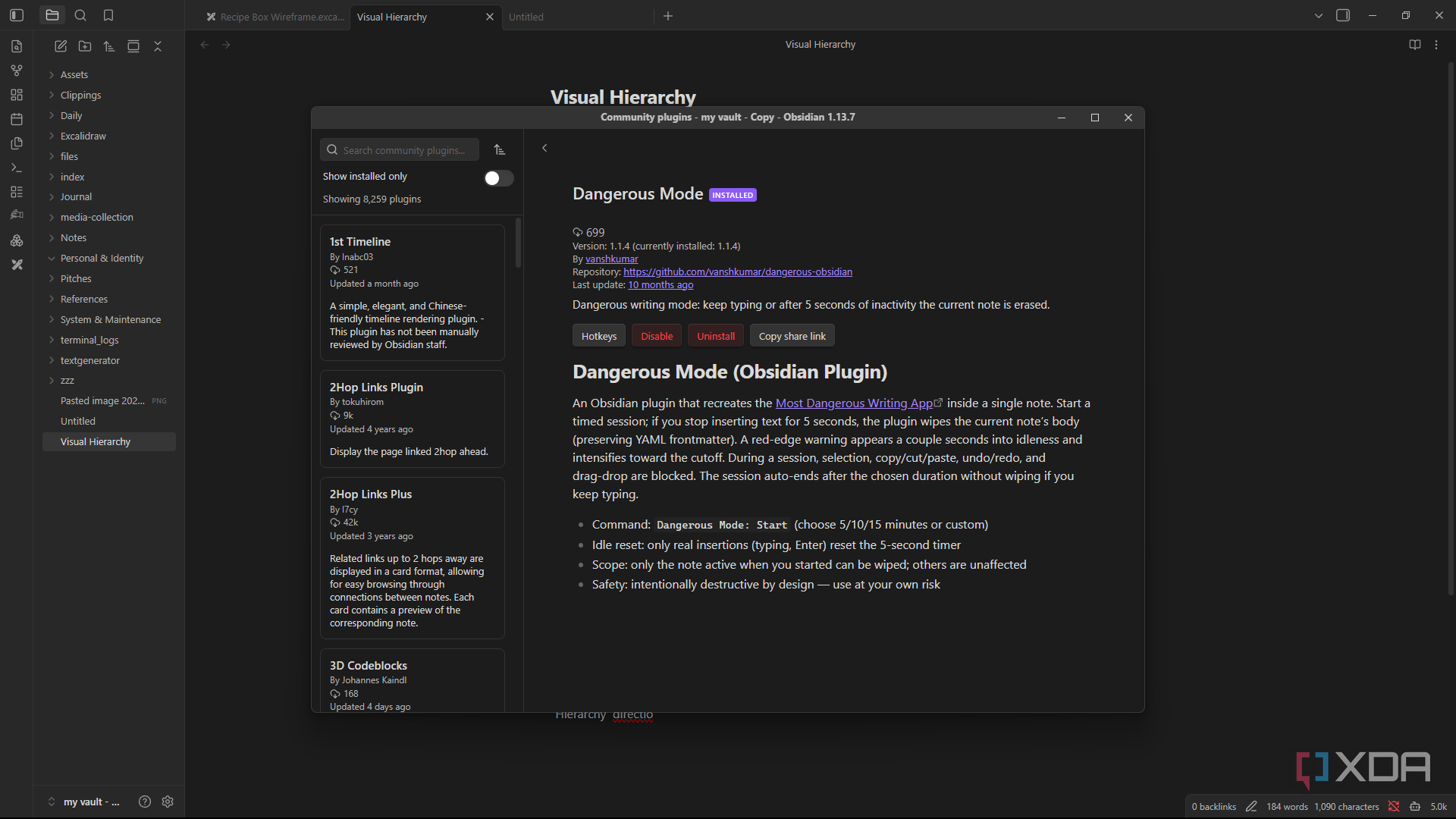 Панель плагина Dangerous Mode в интерфейсе Obsidian