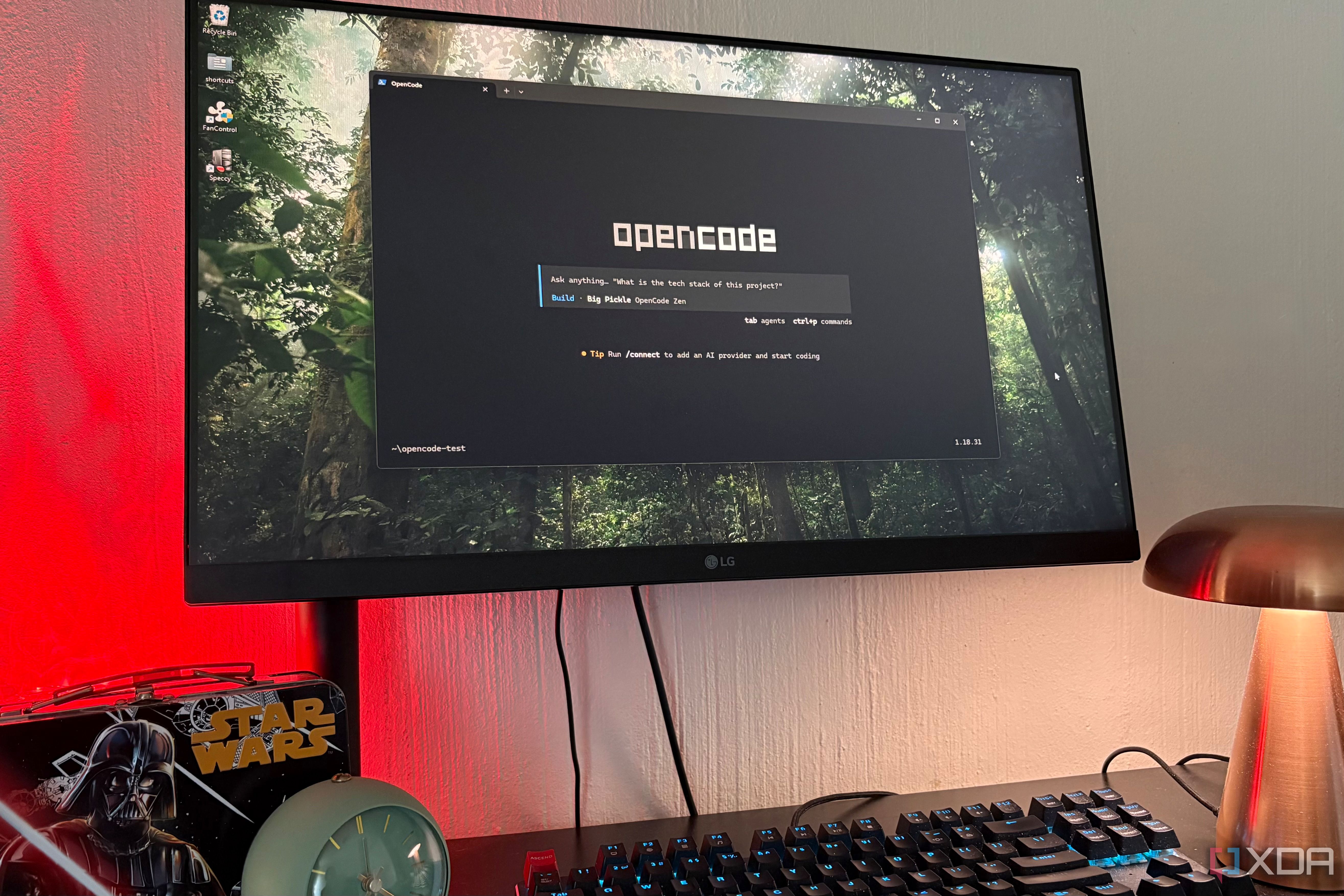opencode on desktop pc, clock and lamp in view