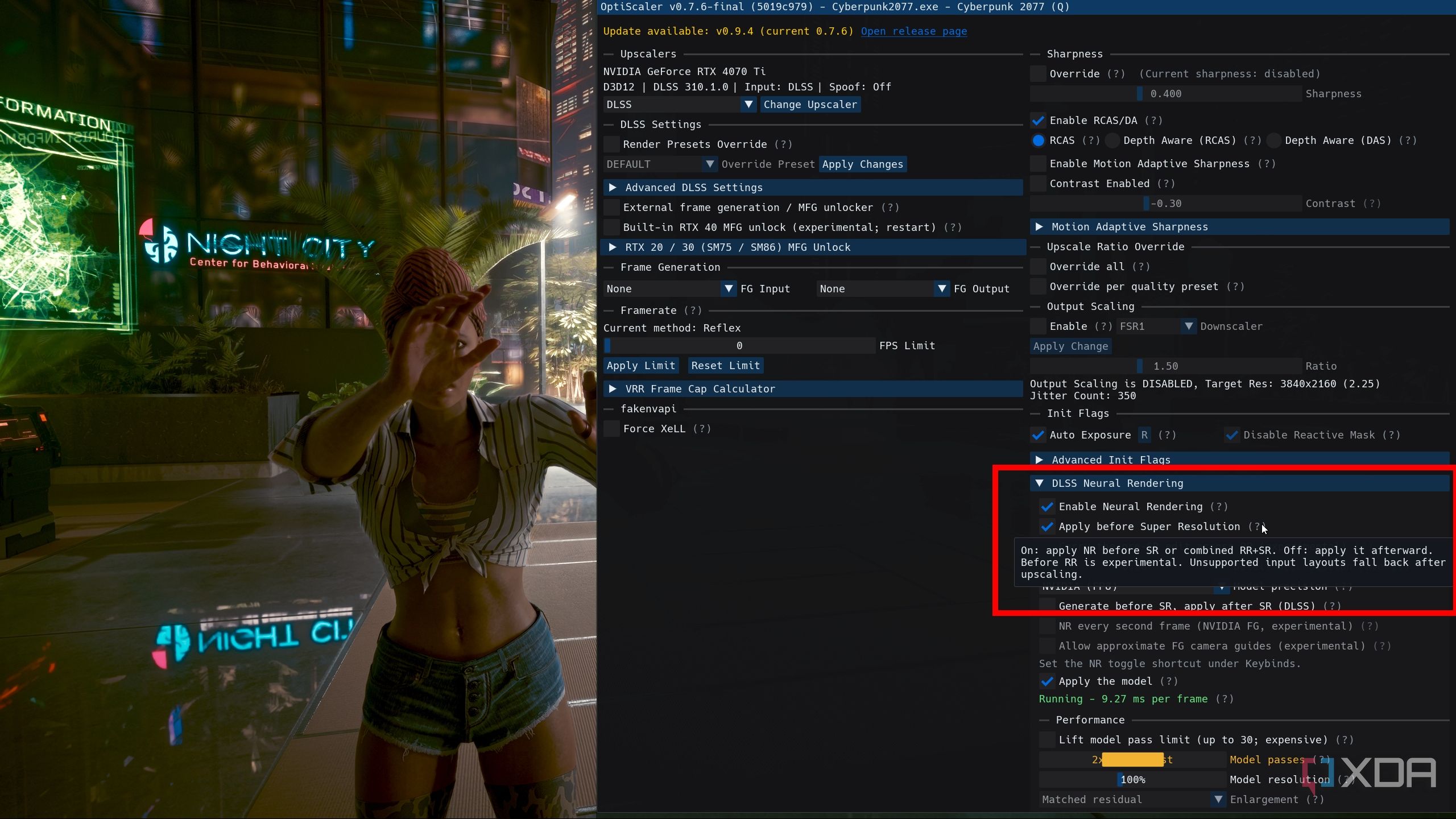 OptiScaler DLSS neural rendering settings with Cyberpunk 2077.