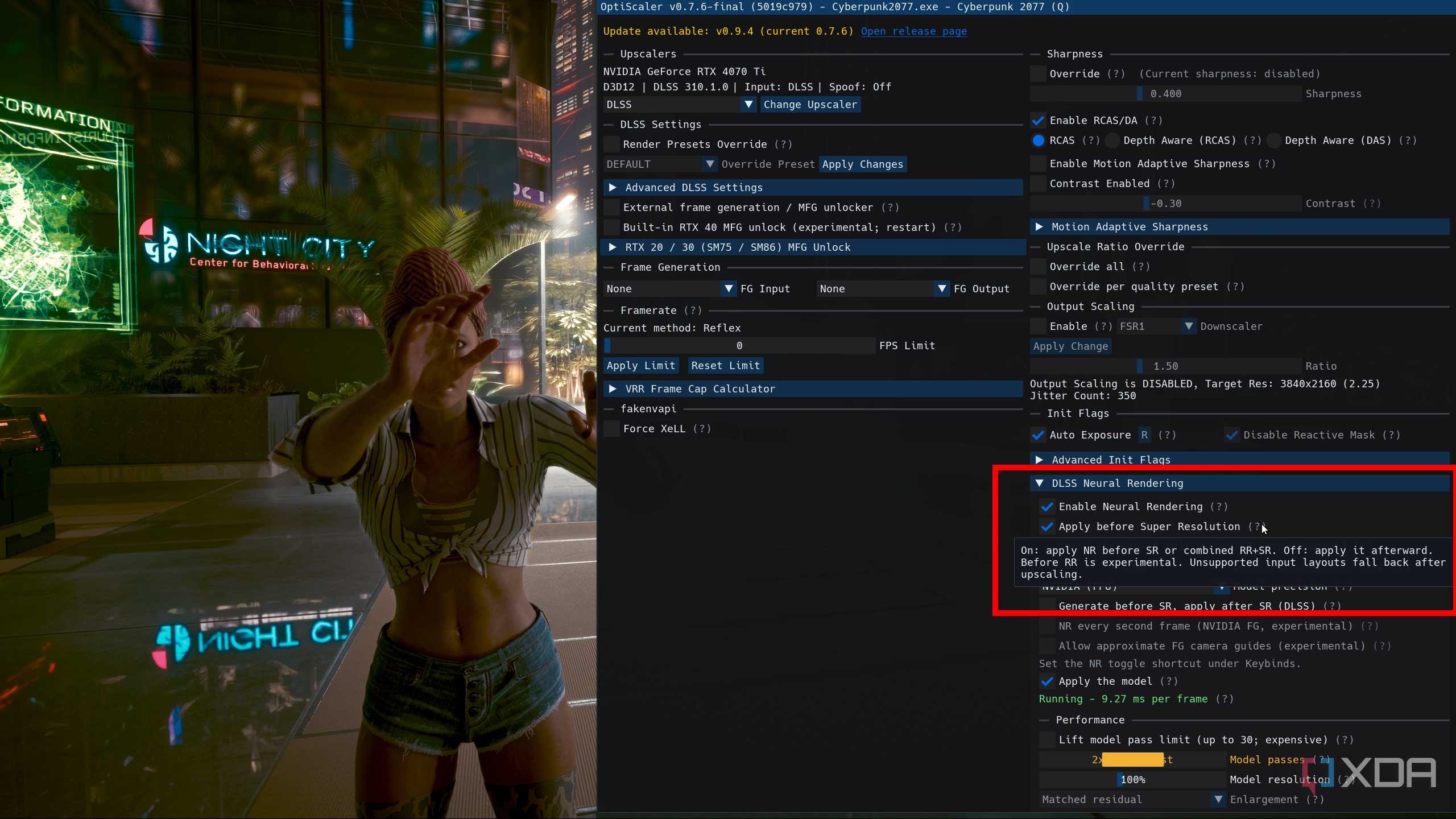 OptiScaler DLSS neural rendering settings with Cyberpunk 2077.
