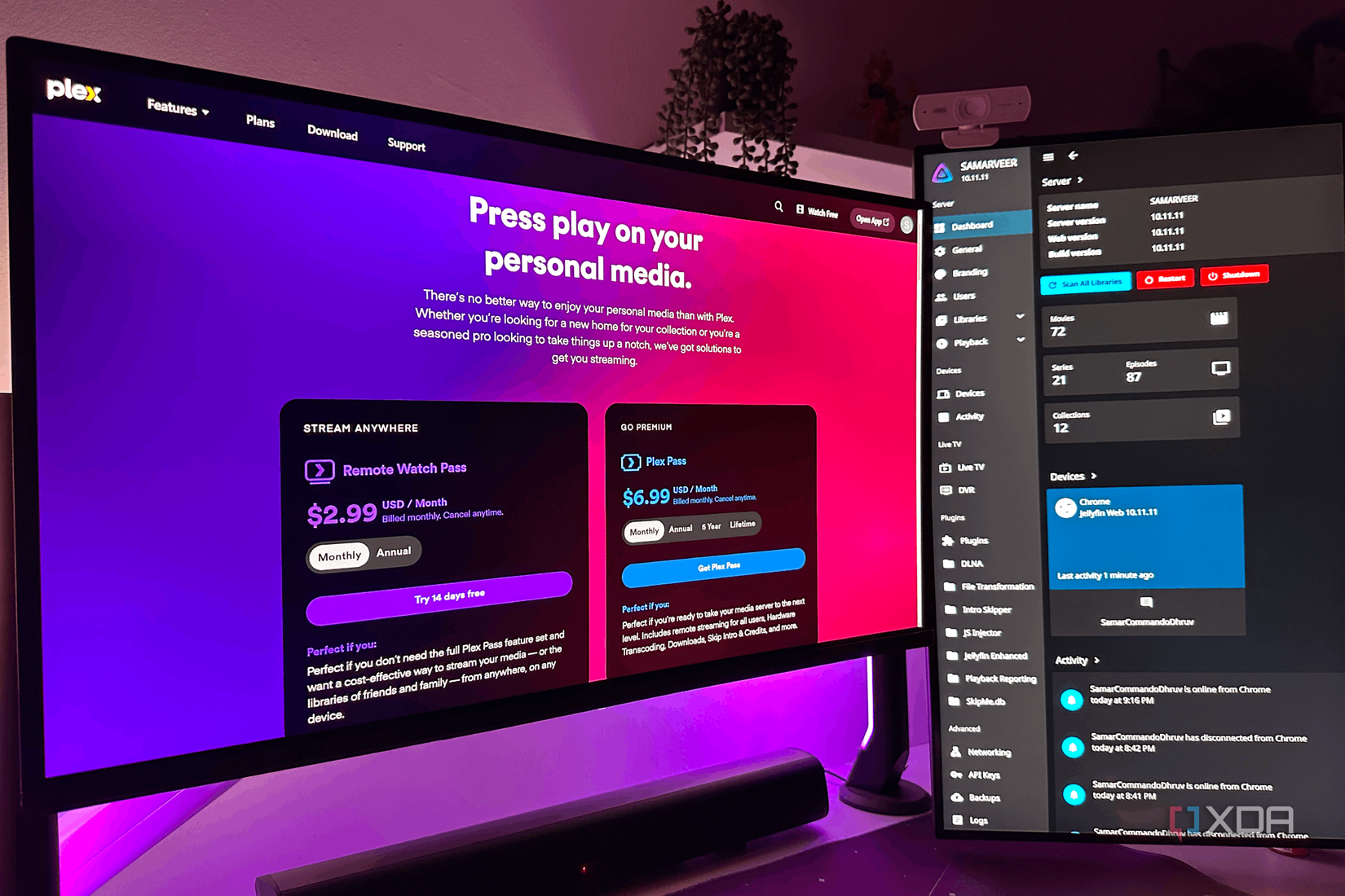 Plex Pass rates with a Jellyfin web server open on a dual-monitor setup.