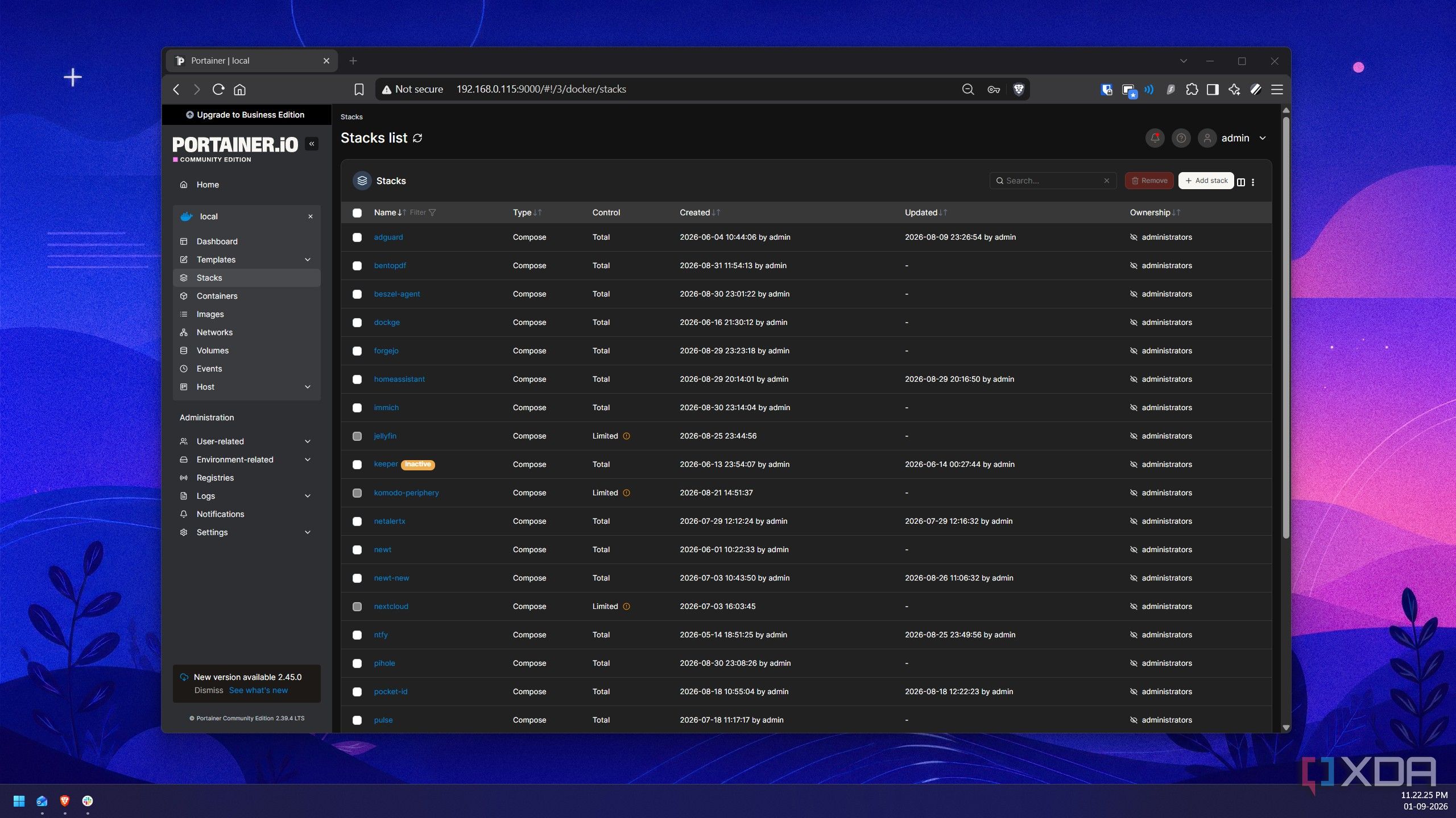 A Portainer dashboard showing a long list of self-hosted services running as Docker stacks