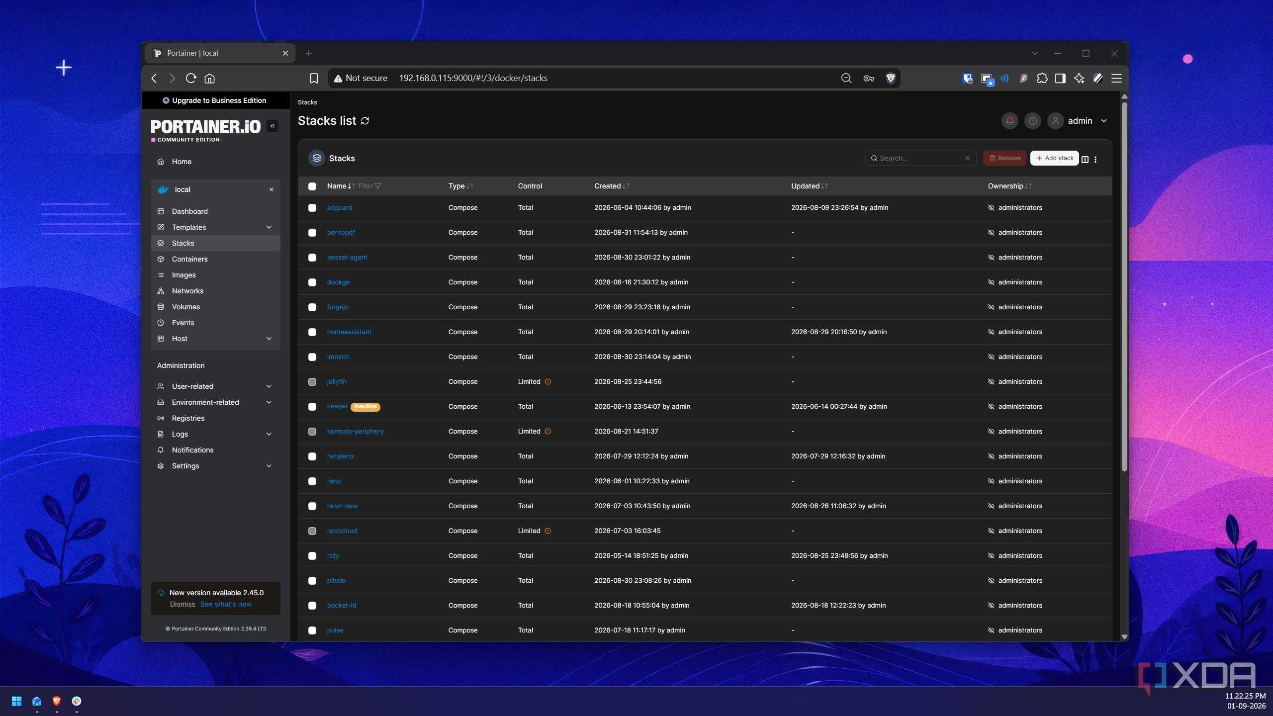 A Portainer dashboard showing a long list of self-hosted services running as Docker stacks