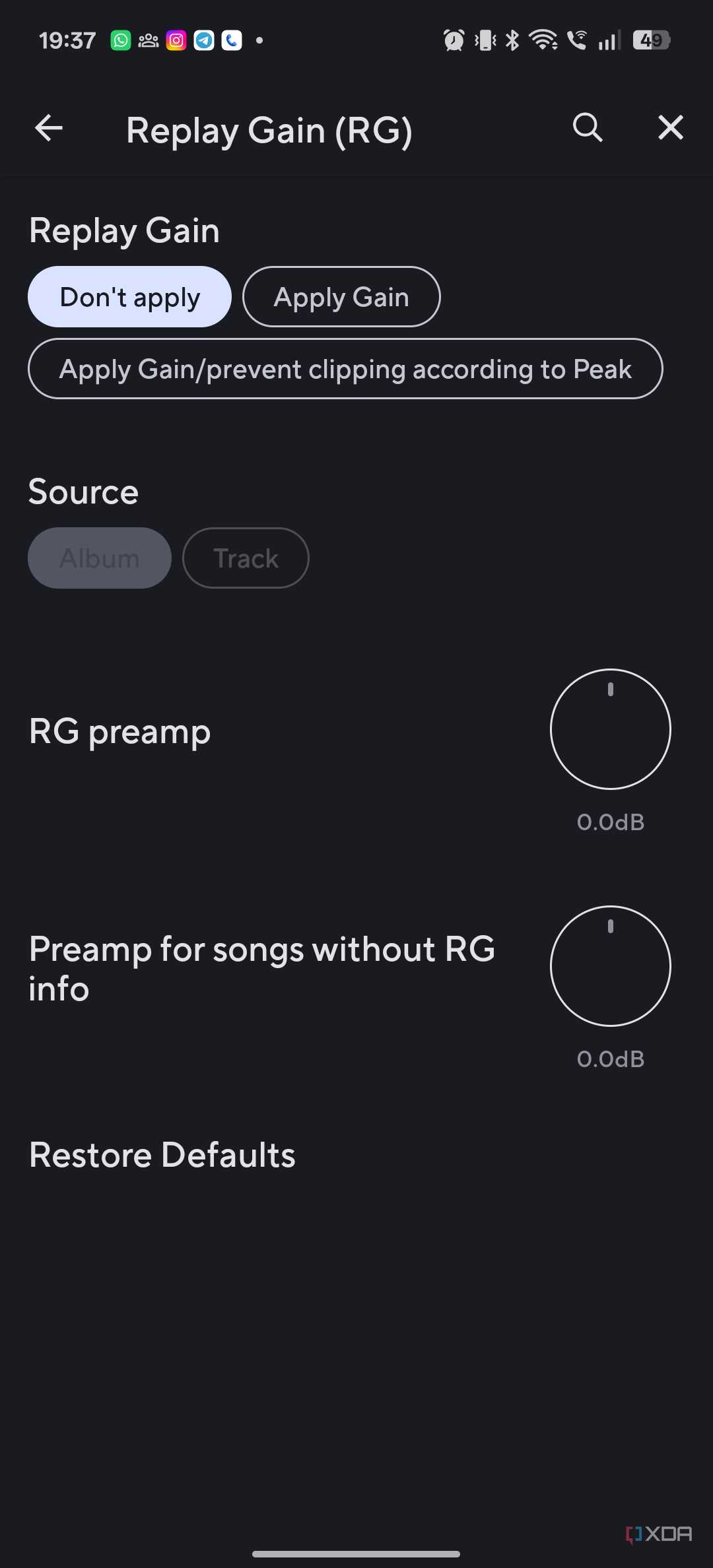 Poweramp playback gain settings