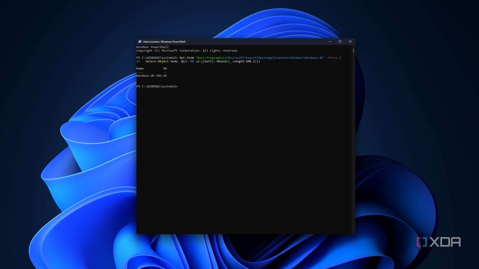 Как проверить размер файла индексации Windows Search и исправить его разрастание Команда PowerShell для определения размера файла Windows.db