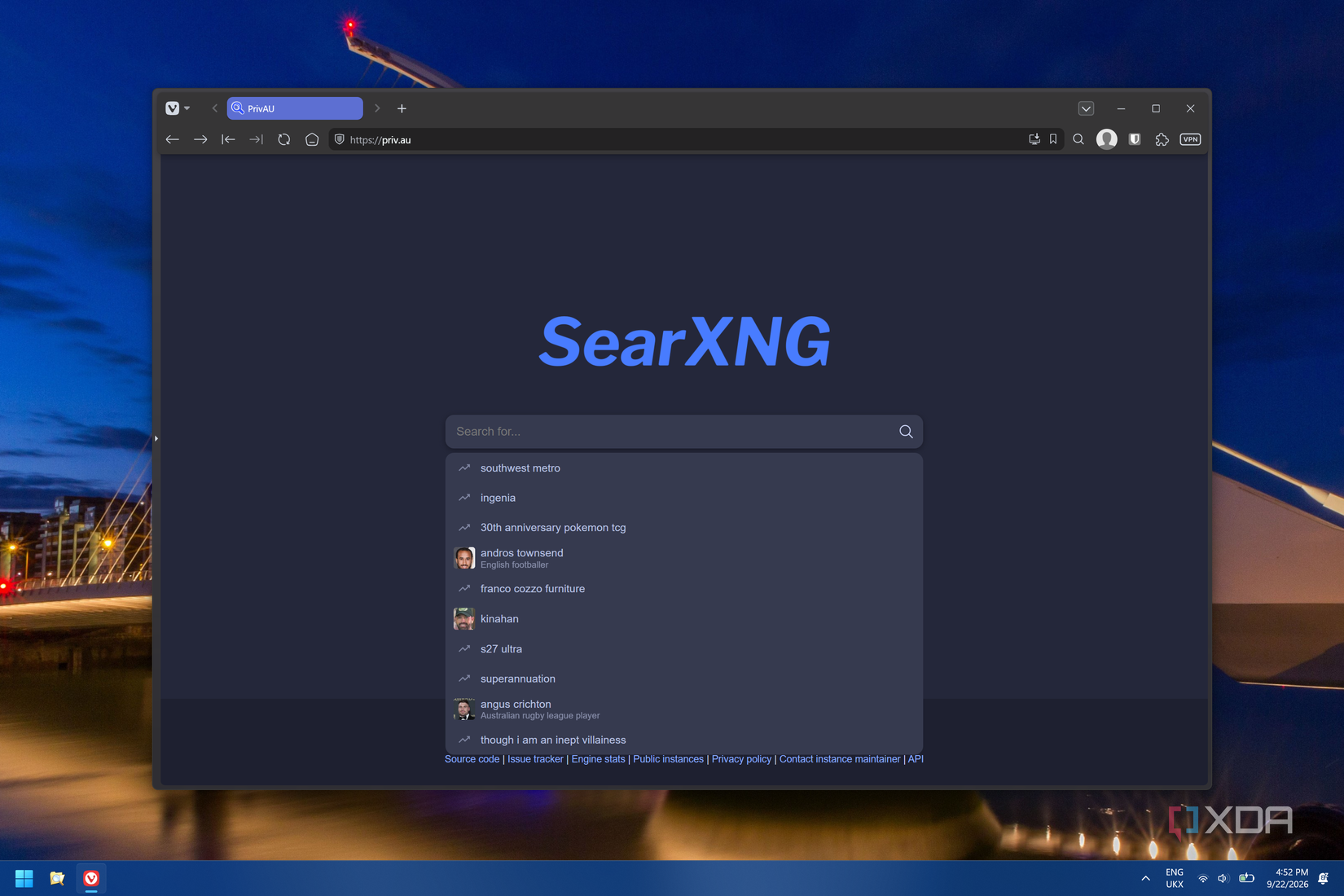 Знімок екрана сторінки пошуку у прикладі SearXNG, яка розміщена у відкритому доступі