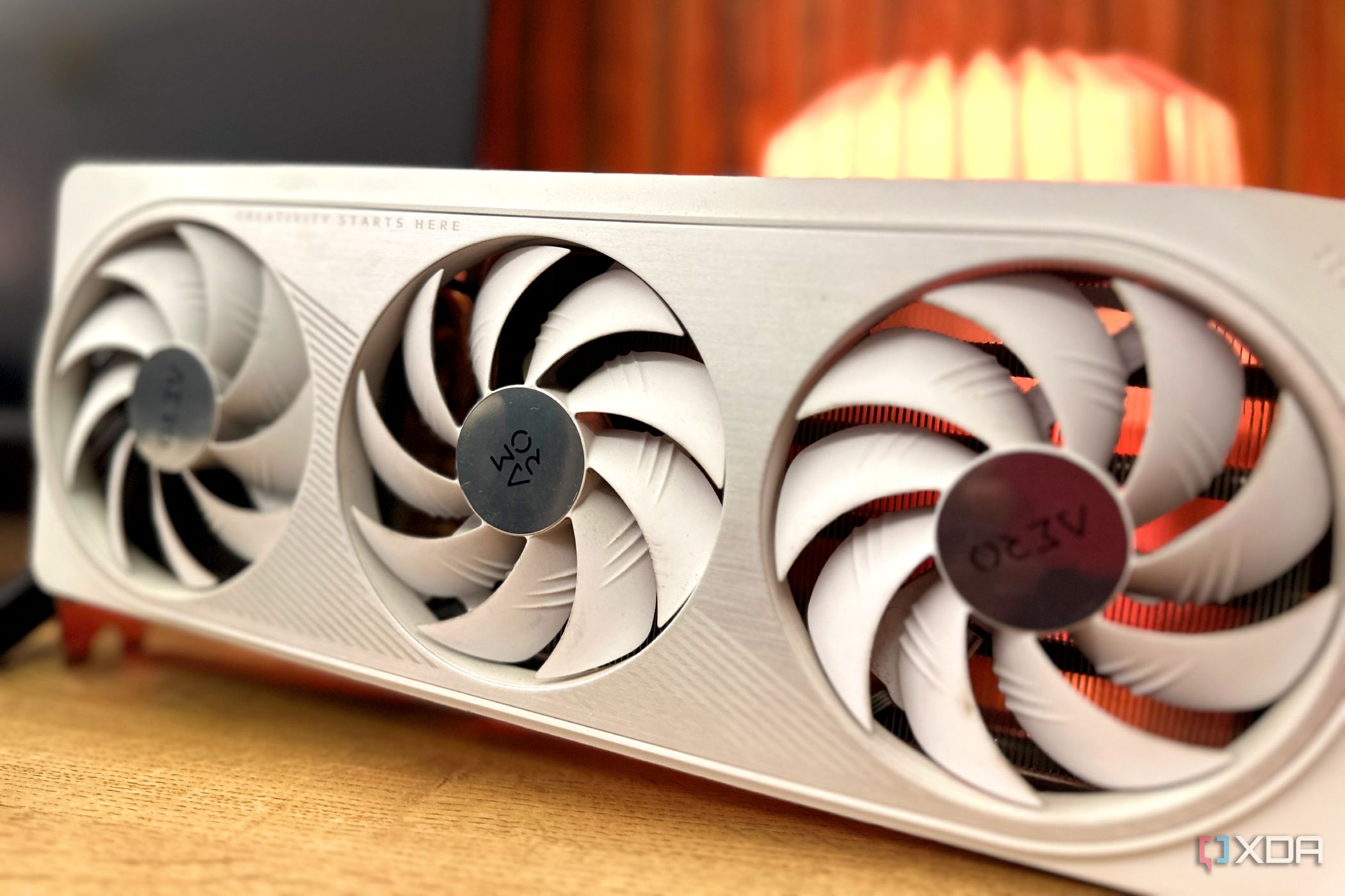 A white Gigabyte Nvidia GeForce RTX 4070 Ti graphics card. 