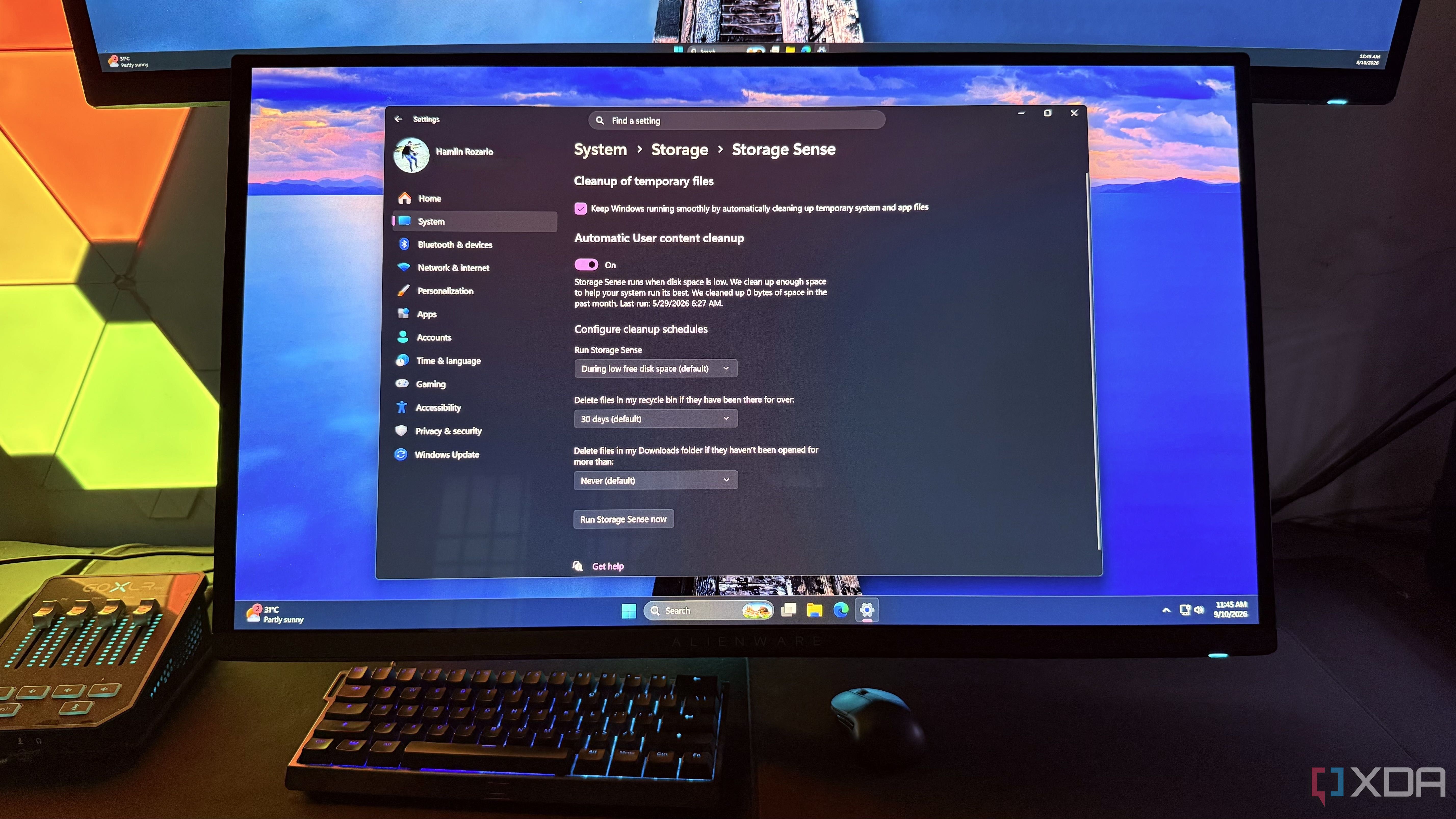Windows Storage Sense settings on a monitor