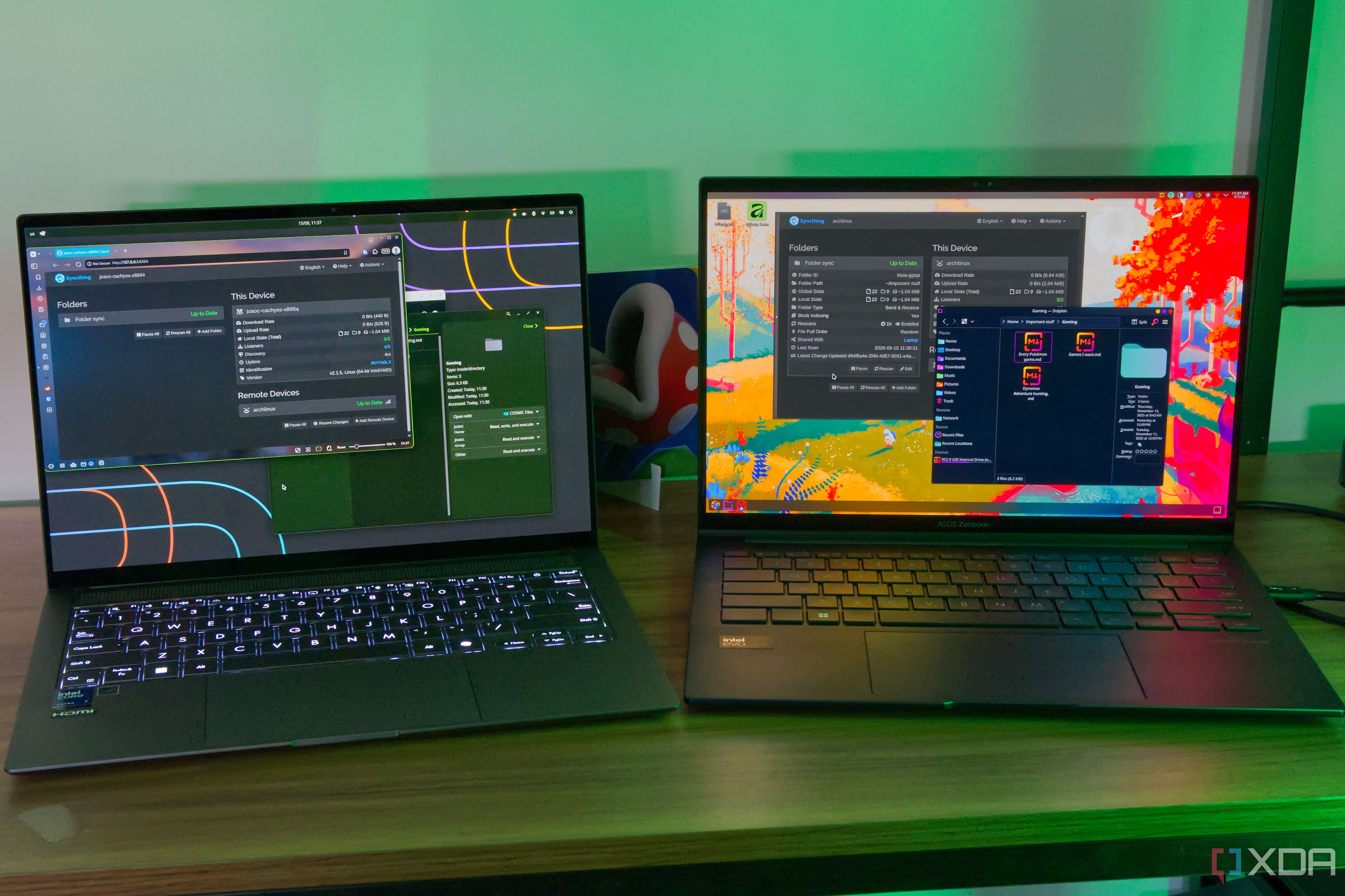 Two laptops running Syncthing, showing a folder synced across both