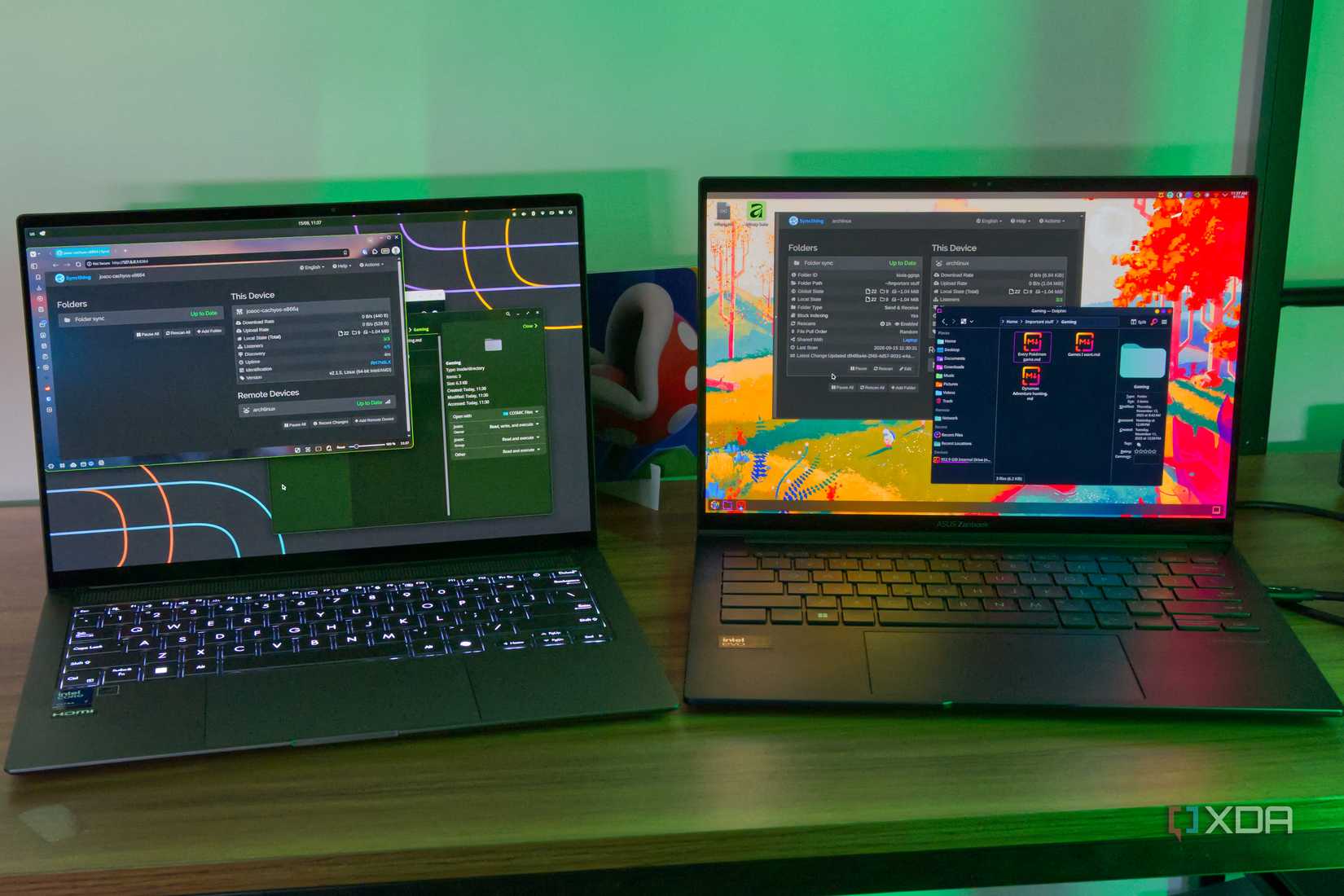 Two laptops running Syncthing, showing a folder synced across both