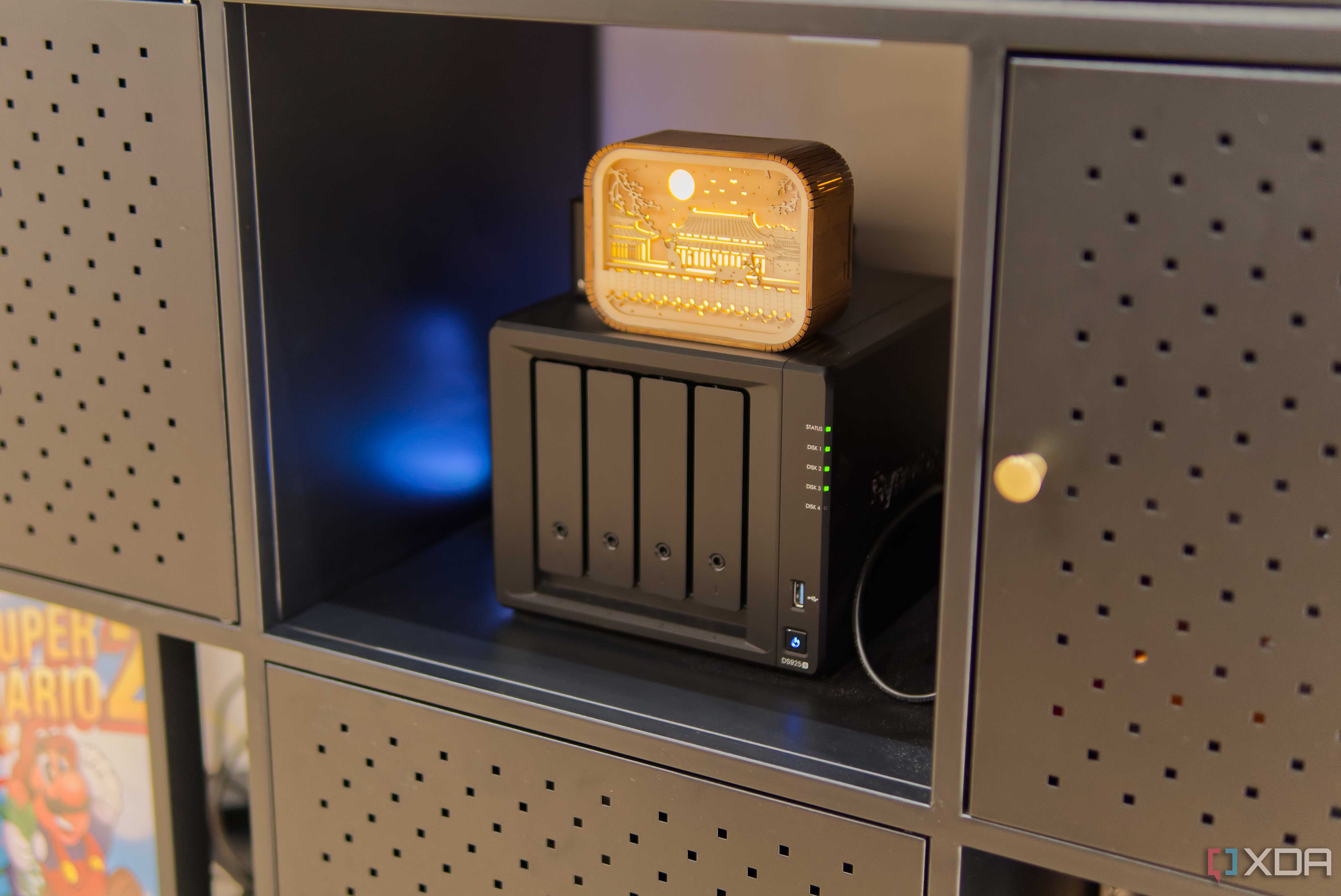 A Synology DS925+ NAS unit on a shelf