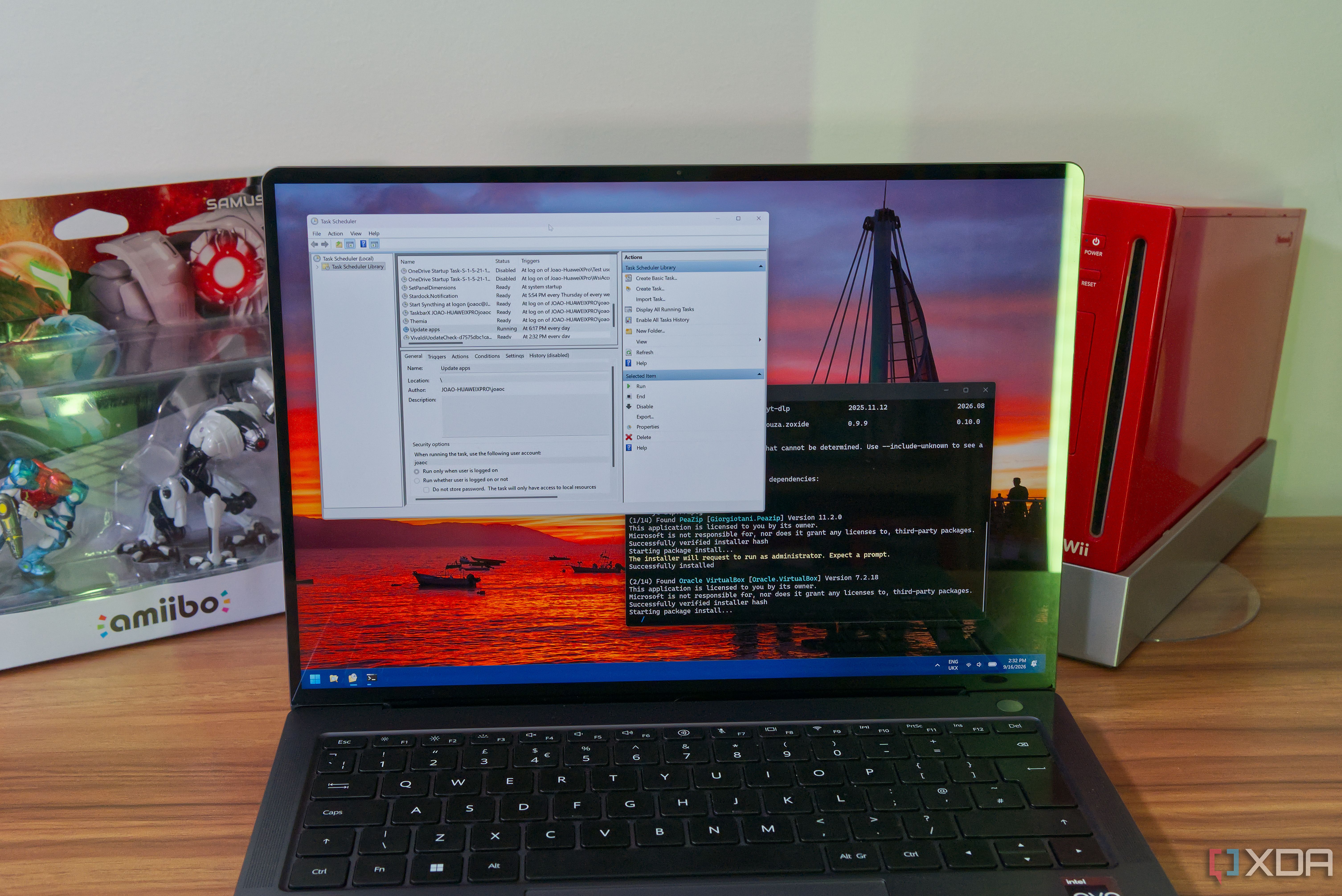 A Wiondows 11 laptop displaying Task Scheduler and a Windows Terminal window running a winget upgrade command