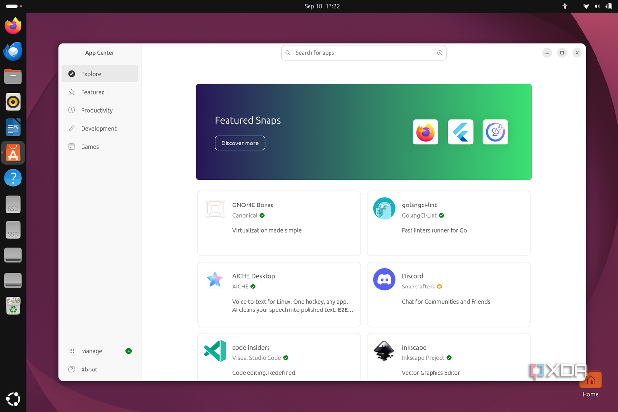 Screenshot of the App Center in Ubuntu 26.04 showing a banner with text reading "Featured Snaps"