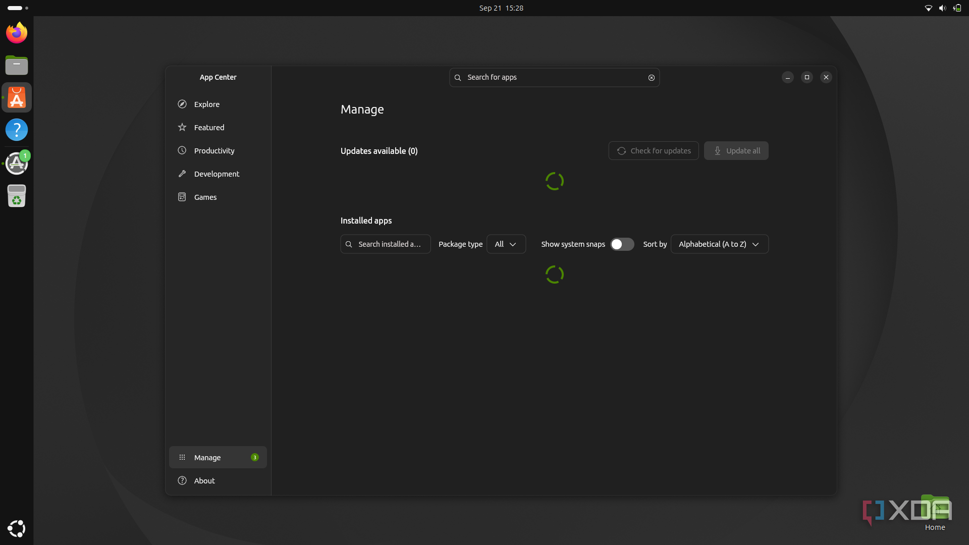 Screenshot of the App Center on Ubuntu showing a loading indicator
