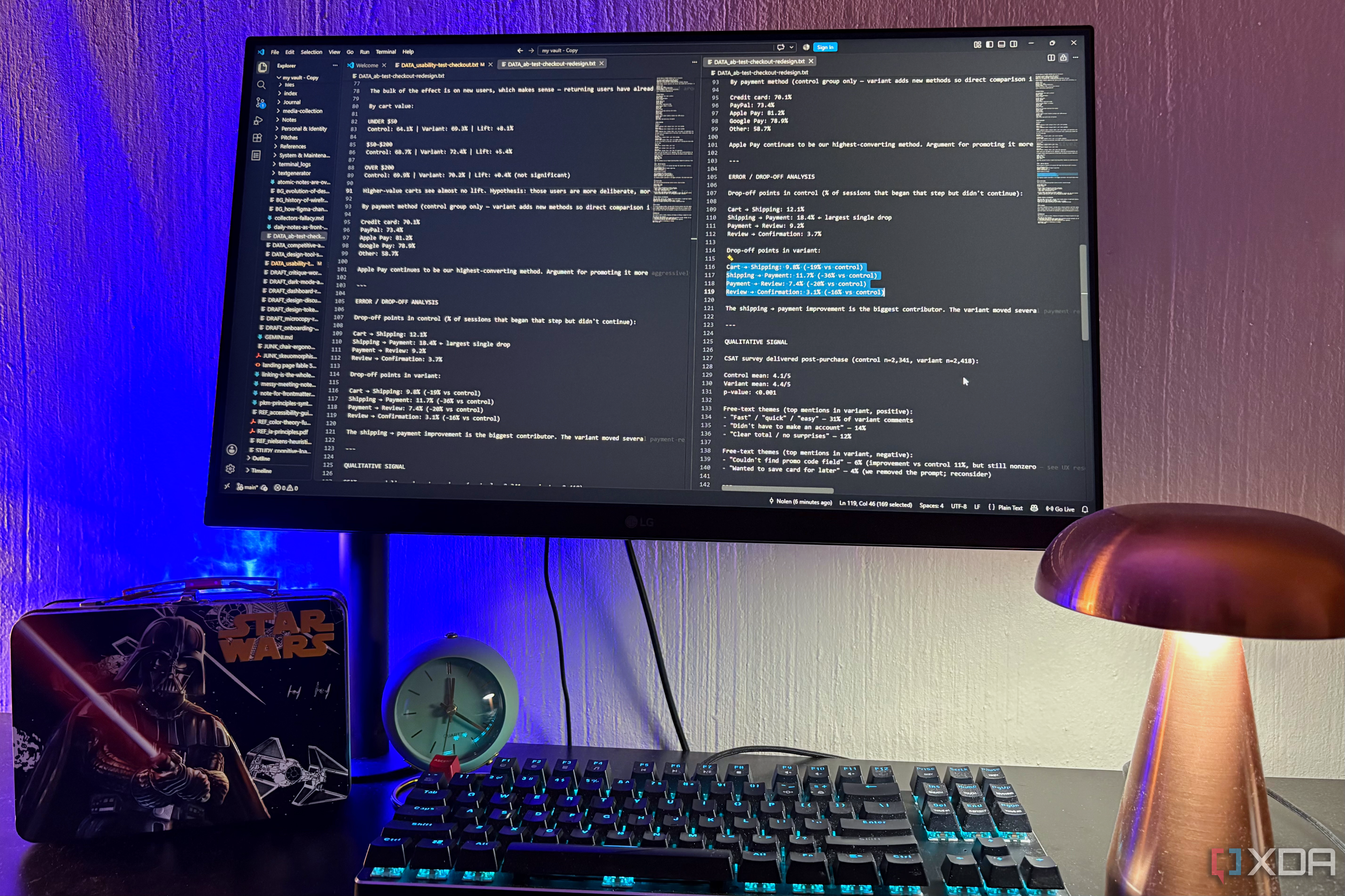 vscode split view on desktop pc, clock and lamp in view