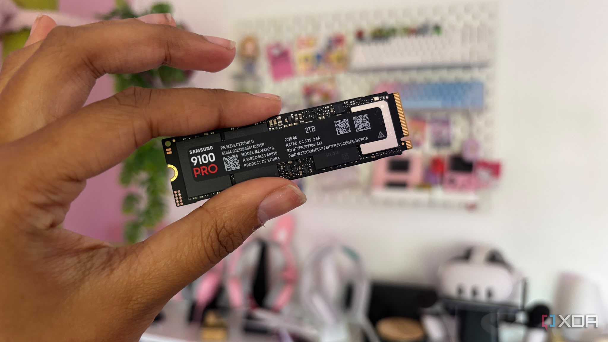 SSD being held up in front of shelves with tech in background