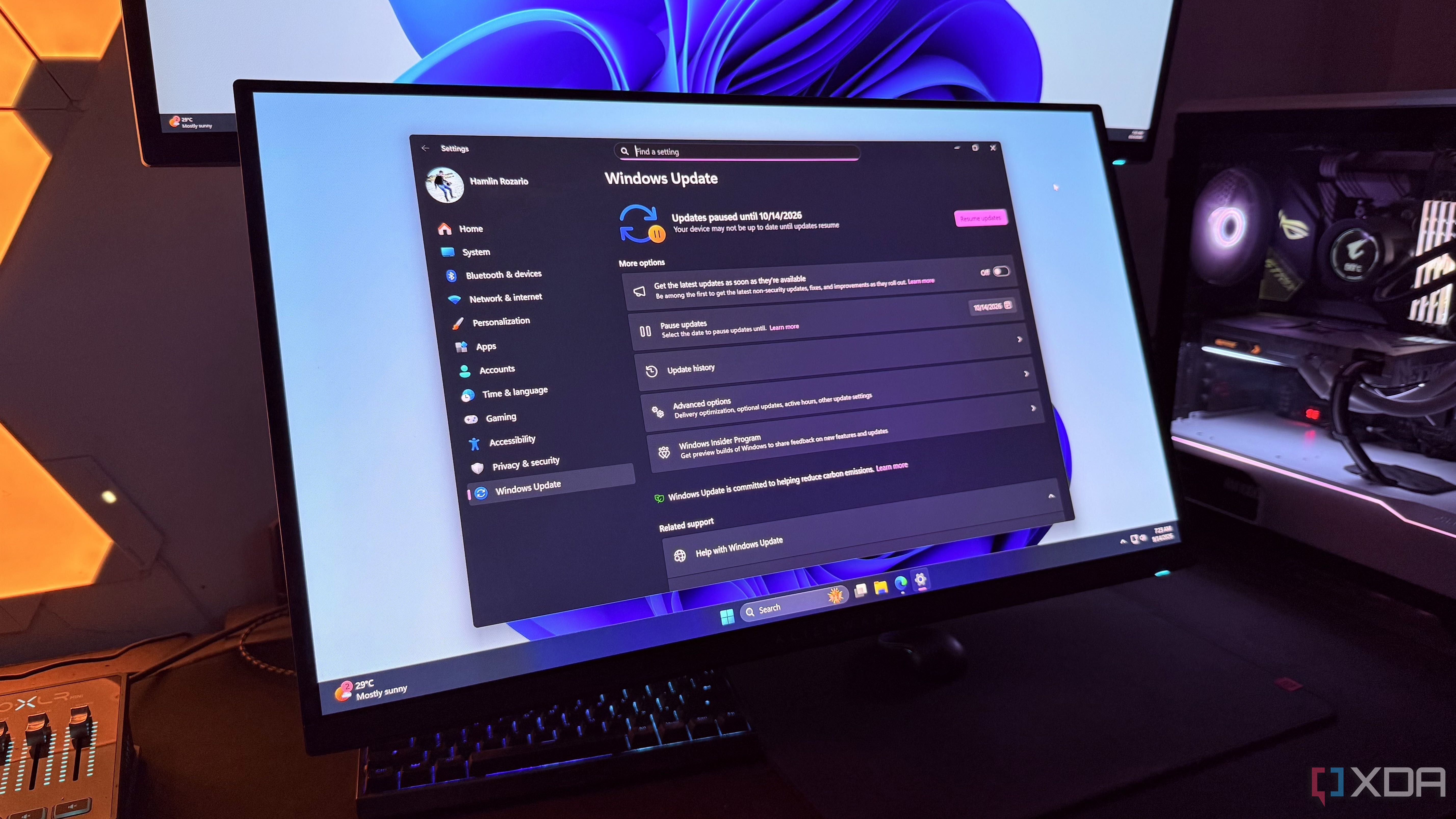 Windows Update menu on a monitor