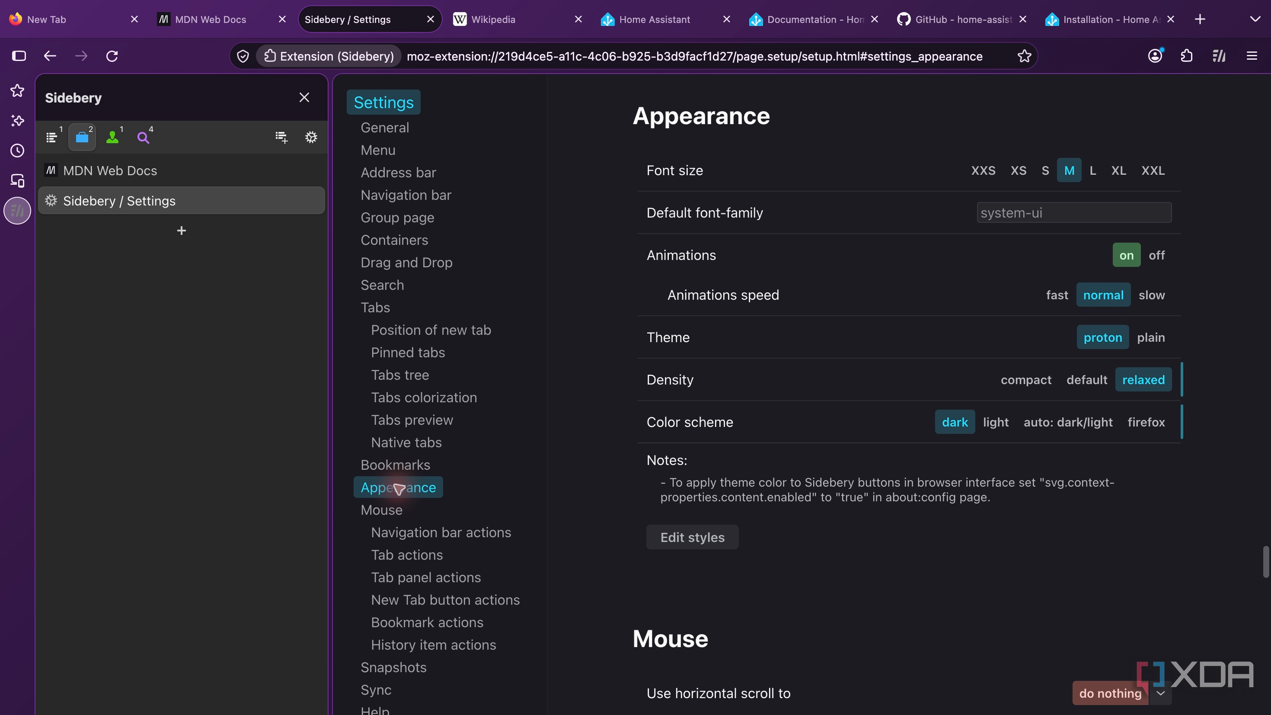 Sidebery appearance settings in Firefox