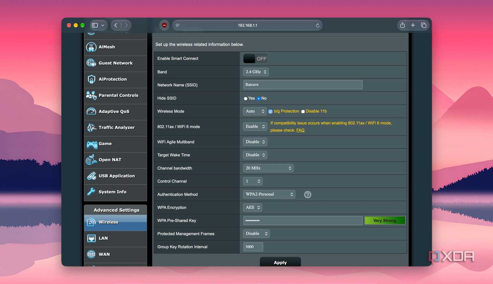 2.4GHz channel settings in the router