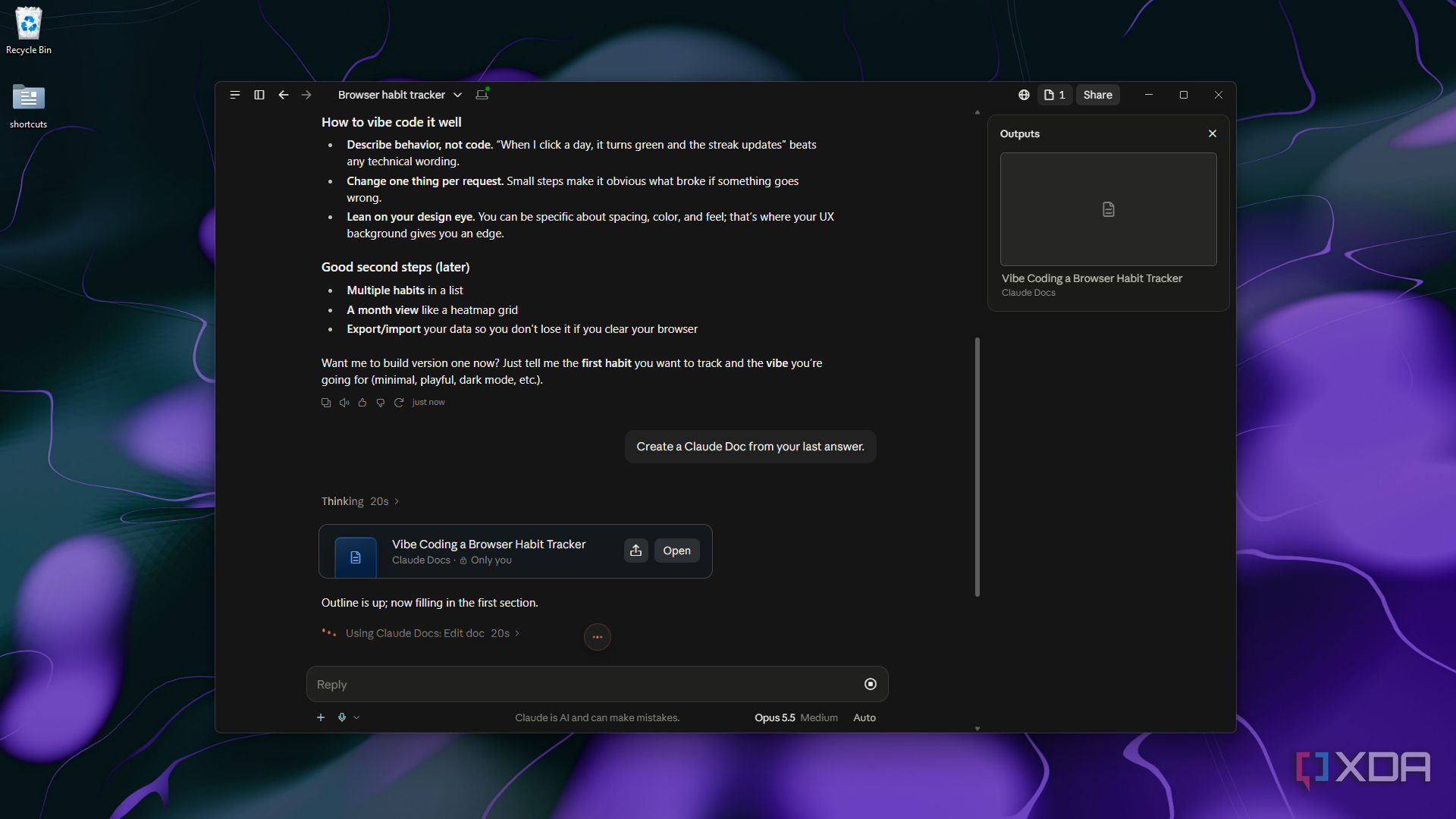 a browser habit tracker doc being created in Claude Desktop