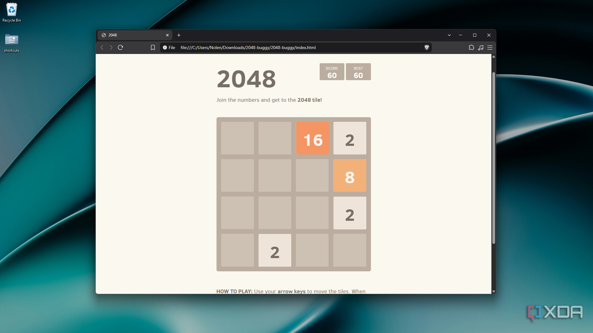 about to debug buggy 2048 board in Brave