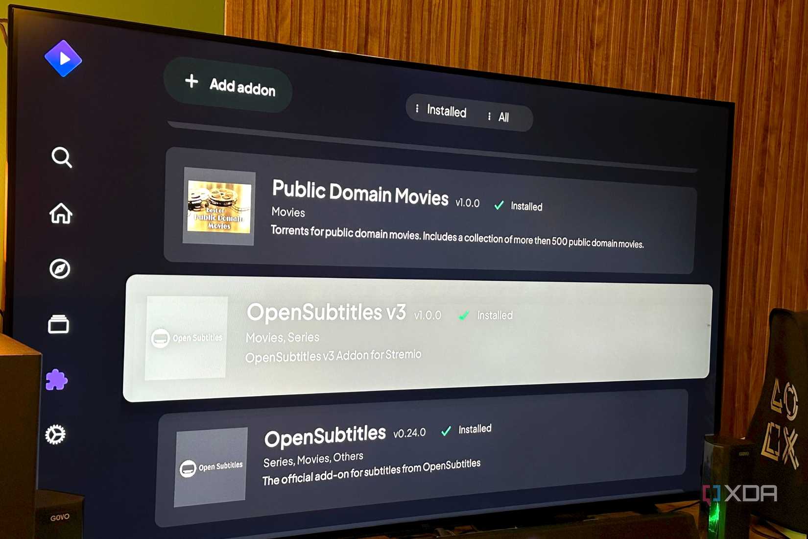 Add-ons in Stremio TV app.