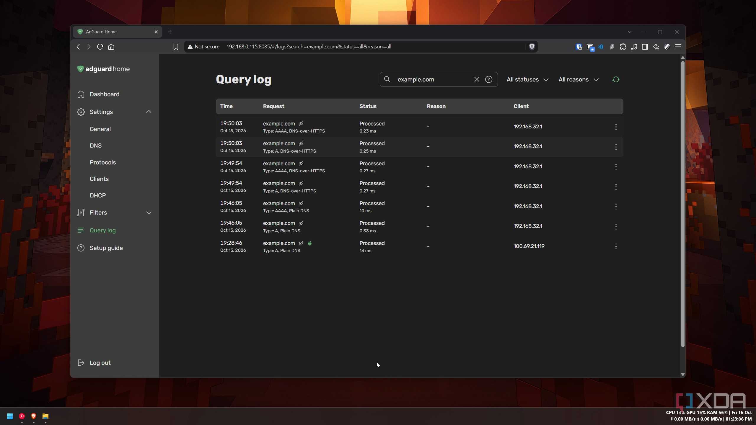 AdGuard Home query log with plain DNS and DoH requests under one client address