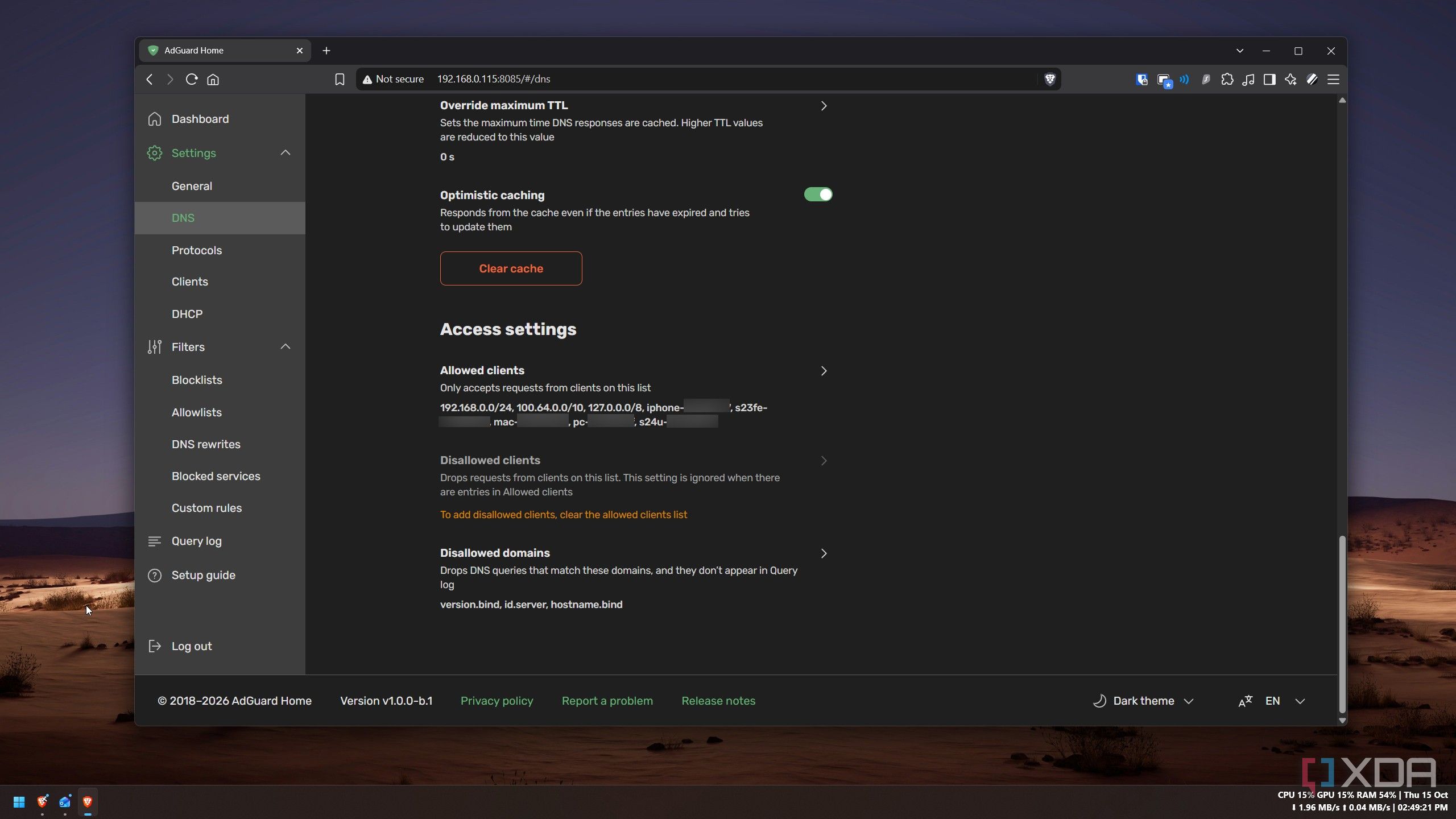 AdGuard Home access settings limiting allowed clients to local ranges and per-device IDs