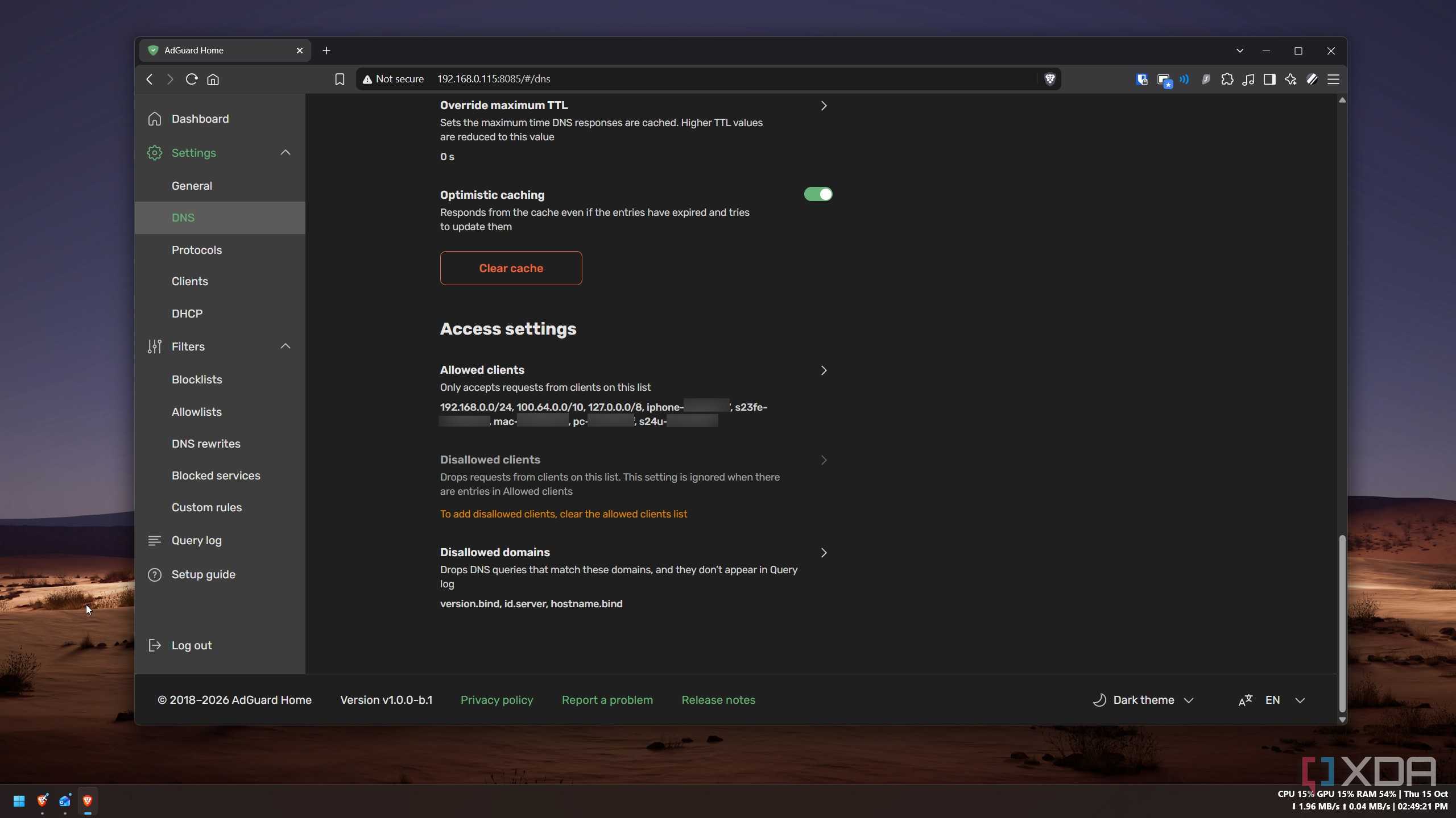 AdGuard Home access settings limiting allowed clients to local ranges and per-device IDs