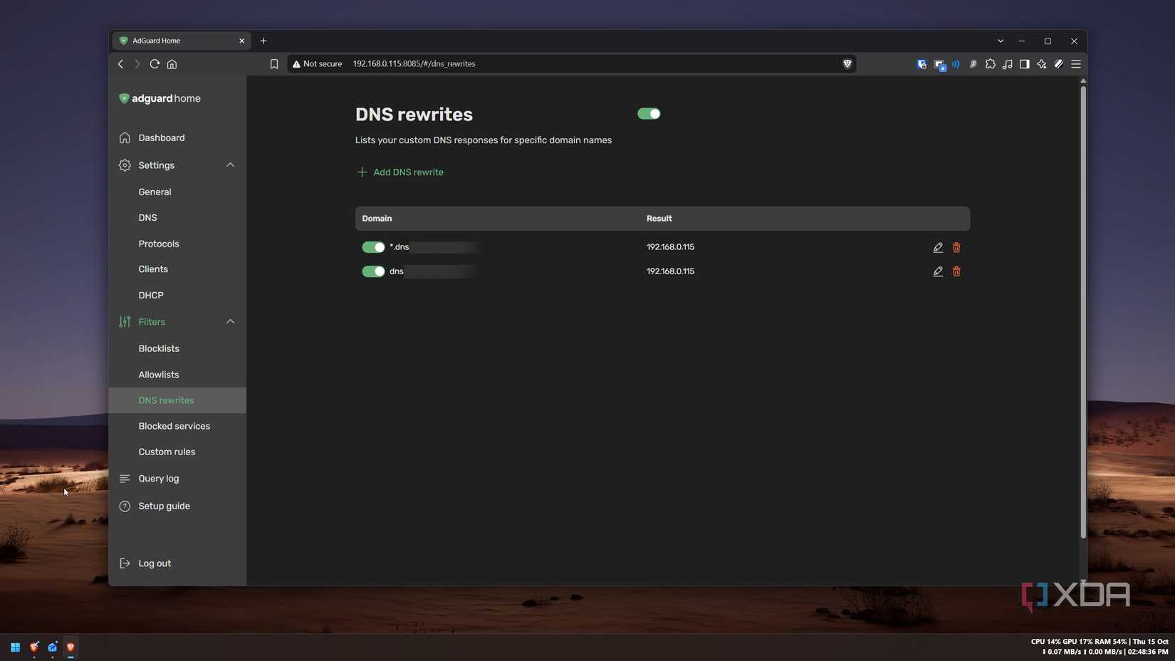 AdGuard Home DNS rewrites listing the encrypted DNS domain and its wildcard, both pointing to the home server’s local address