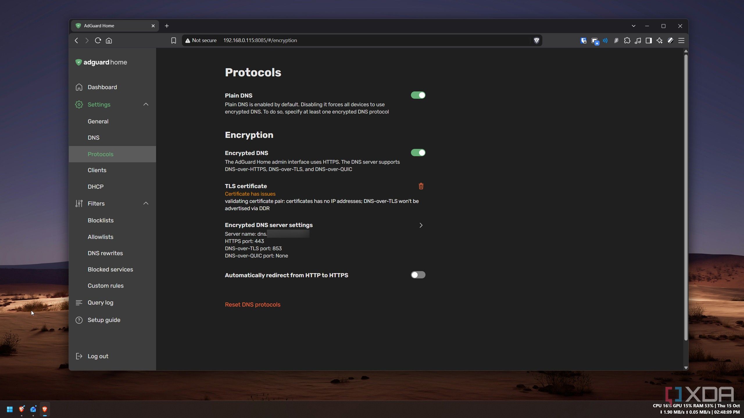 AdGuard Home protocol settings with encrypted DNS enabled, HTTPS on port 443 and DNS-over-TLS on port 853