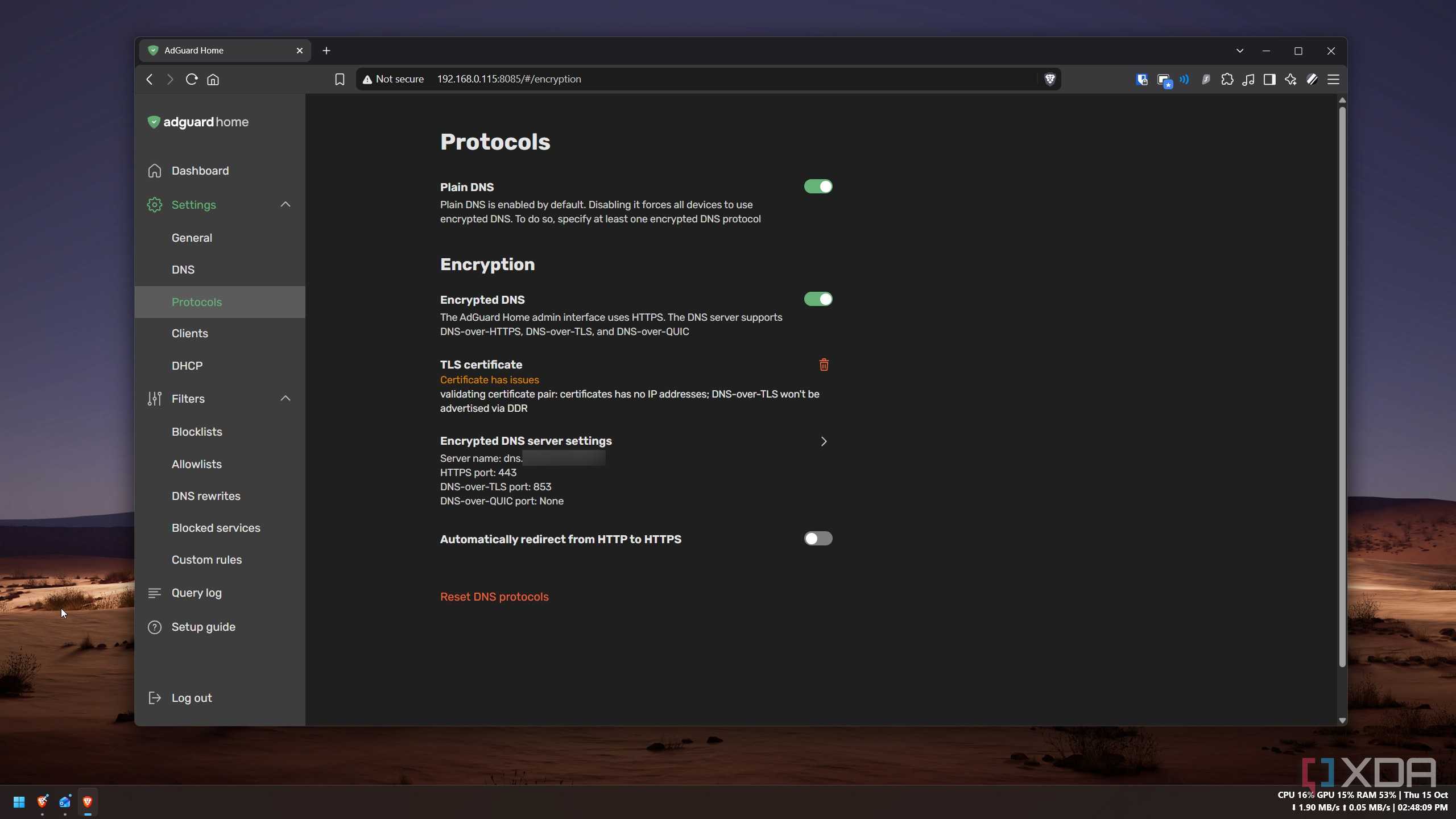 AdGuard Home protocol settings with encrypted DNS enabled, HTTPS on port 443 and DNS-over-TLS on port 853