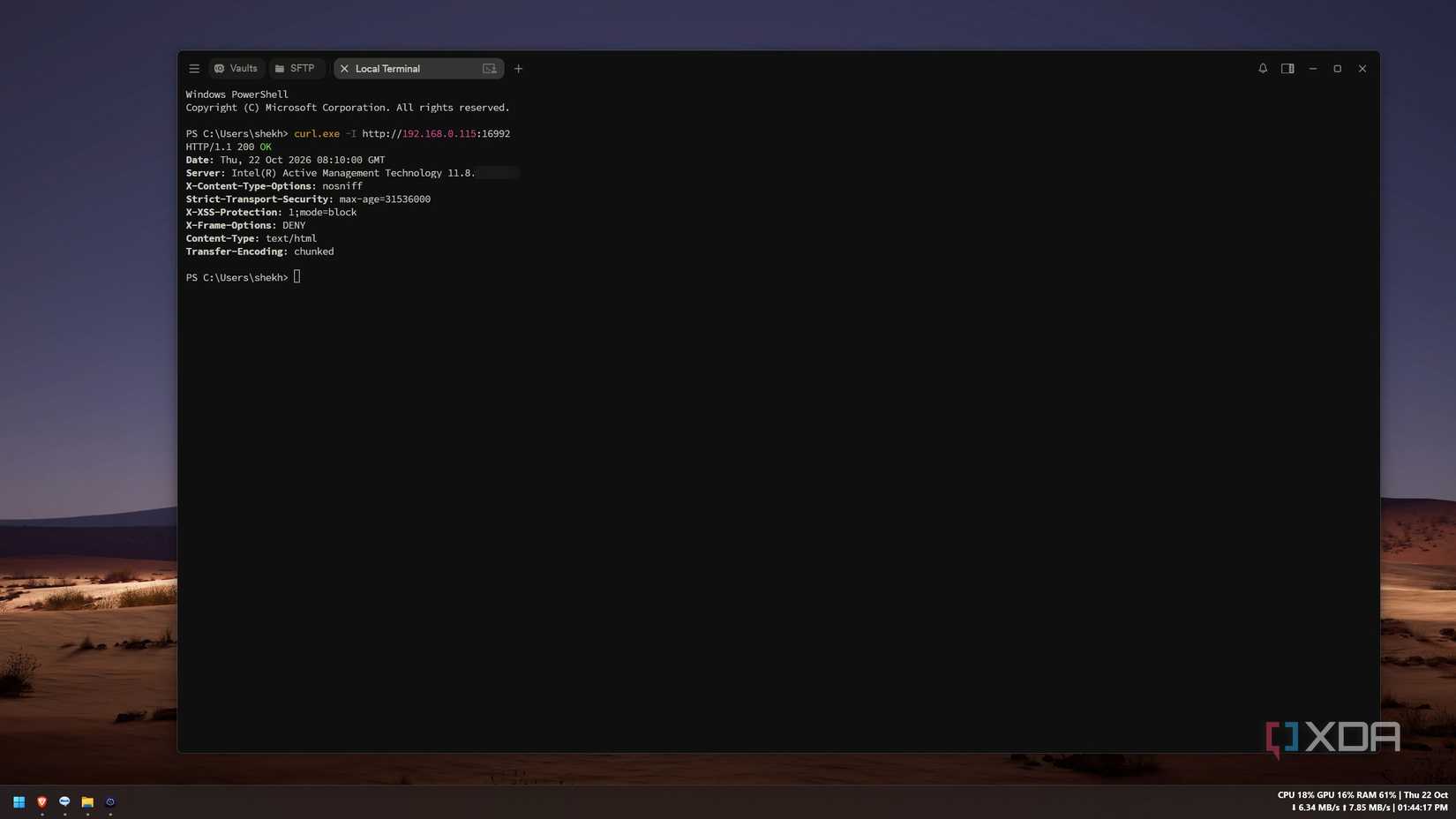 PowerShell curl header request to the AMT web interface on port 16992 returning HTTP 200