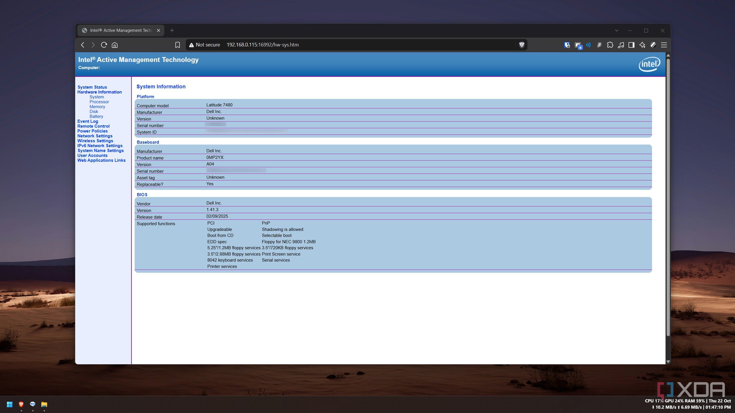 AMT web interface Hardware Information page listing the Latitude 7480 platform, baseboard and BIOS details