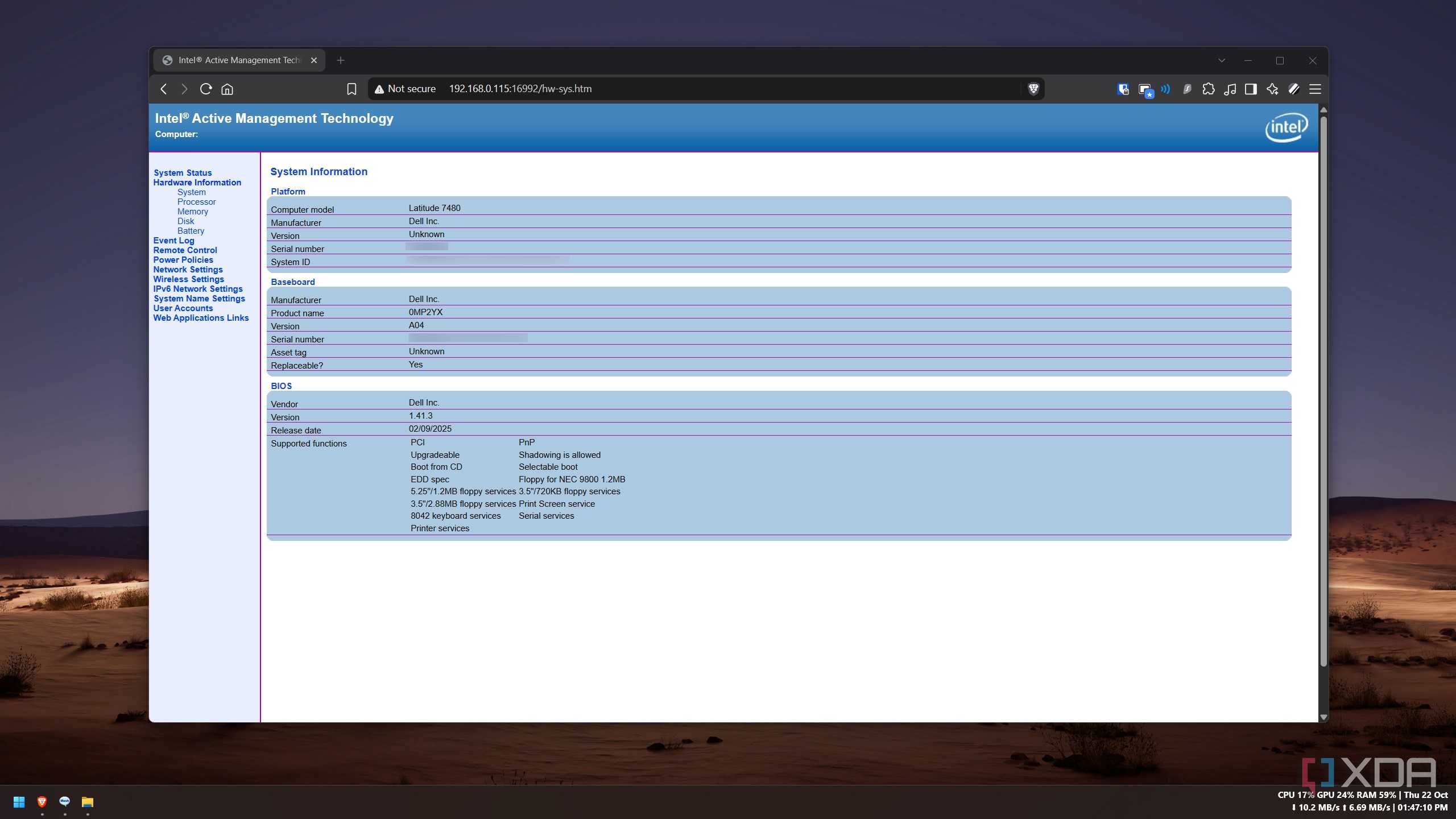AMT web interface Hardware Information page listing the Latitude 7480 platform, baseboard and BIOS details