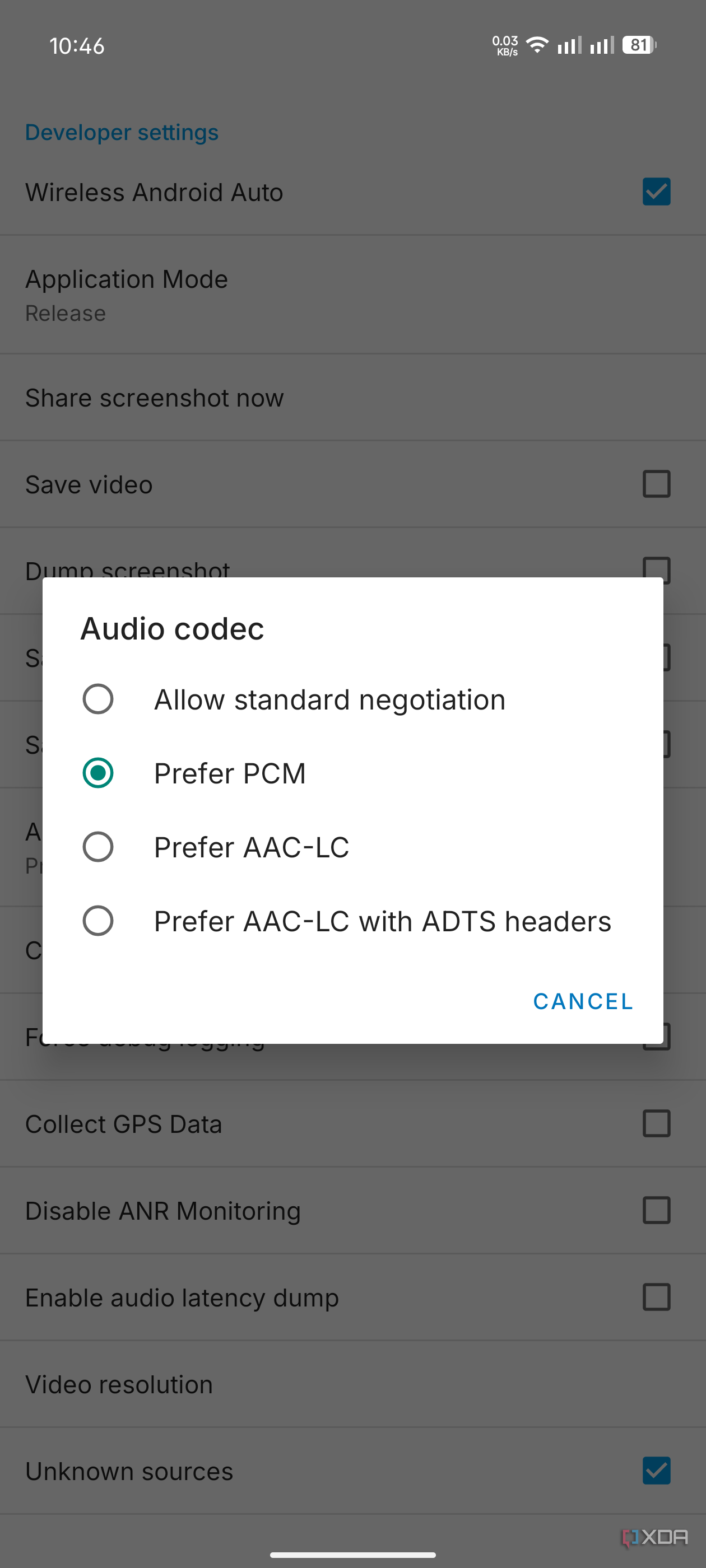 Android Auto audio codec selection developer settings