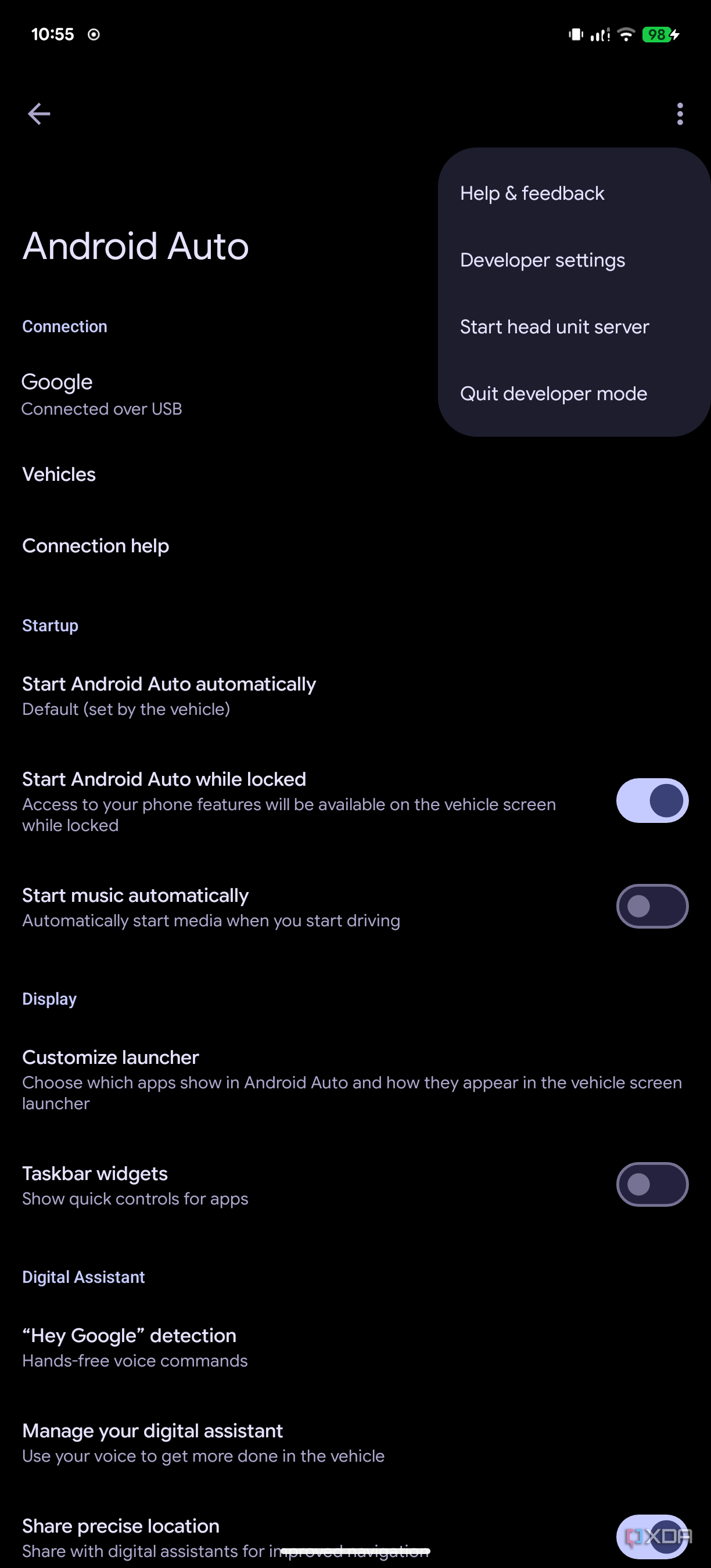 Screenshot of the Android Auto app showing the overflow menu with an option to start the head unit server