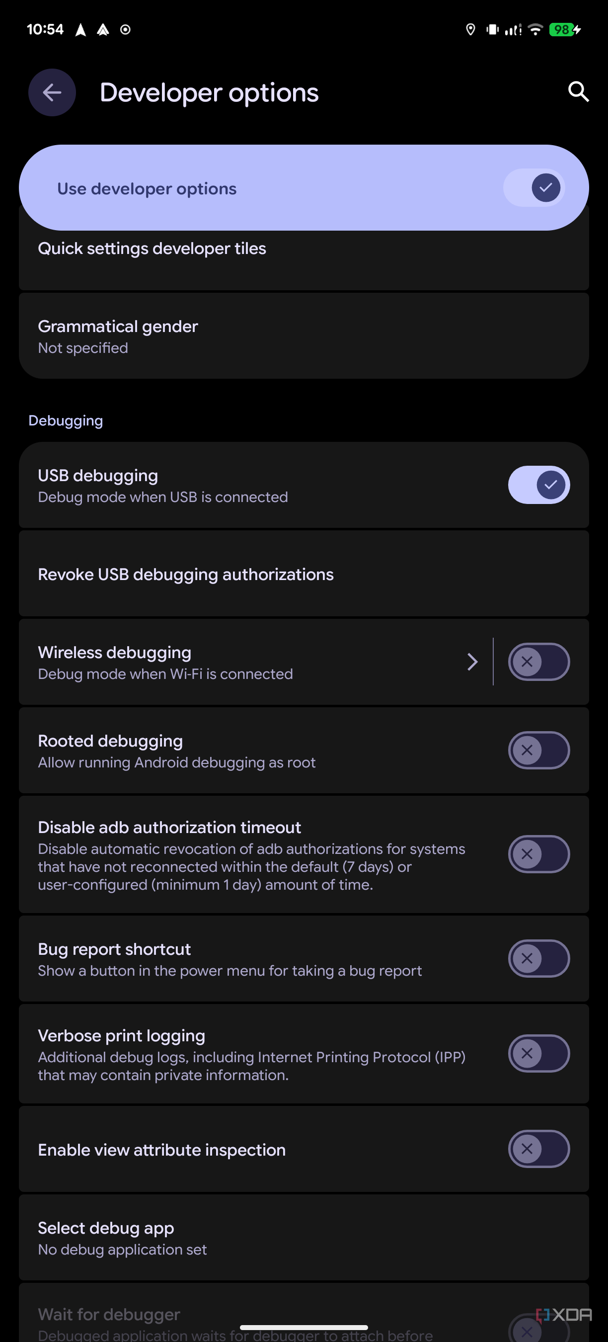 Screenshot of Android developer settings showing USB debugging is enabled