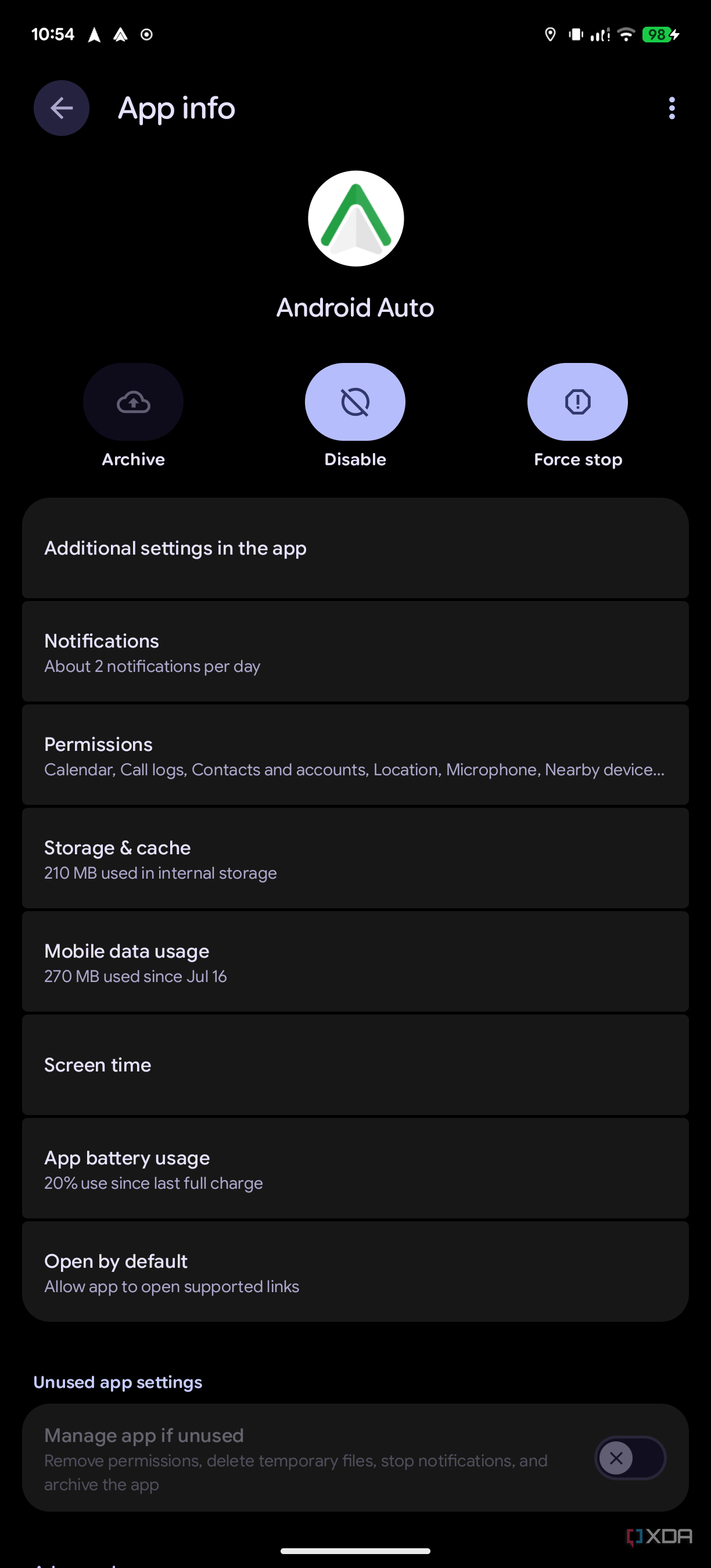 Screenshot of settings for the Android Auto app in Android settings