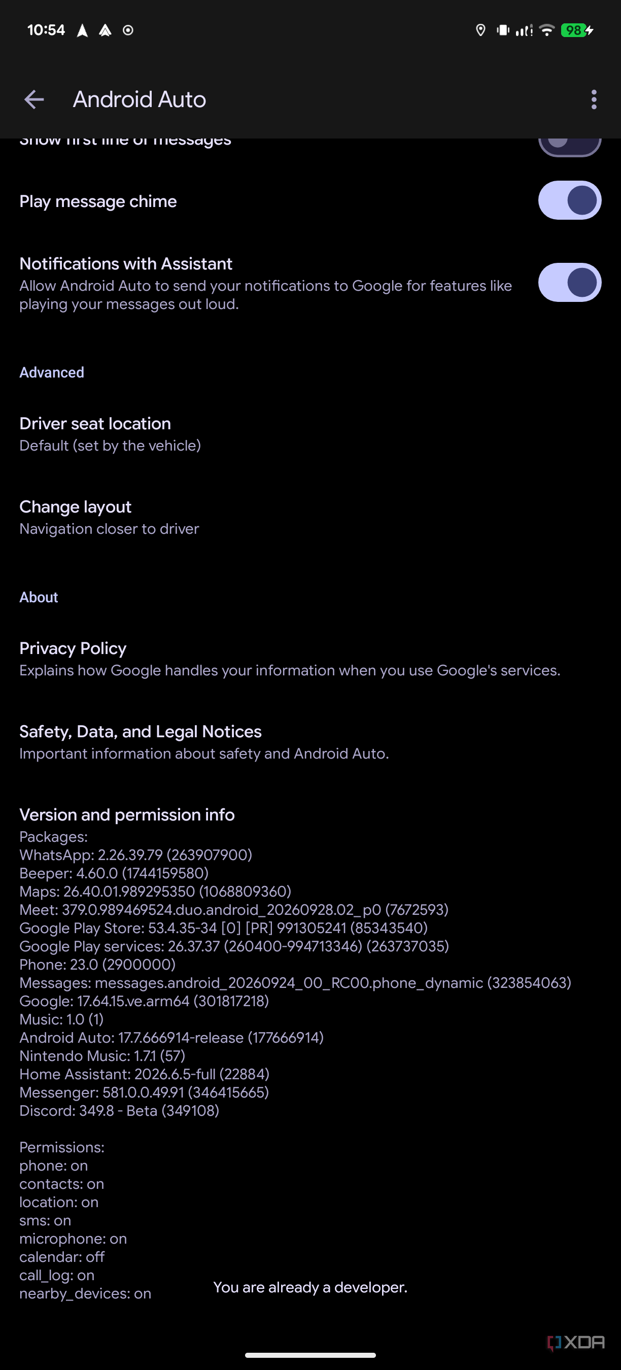 Screenshot of Android Auto settings showing the version number and a small pop-up message saying the user is a developer