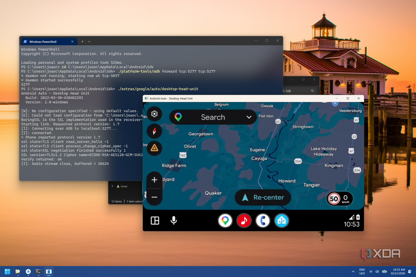 Screenshot of a Windows 11 PC running the Android Auto Desktop Head Unit in Android Studio