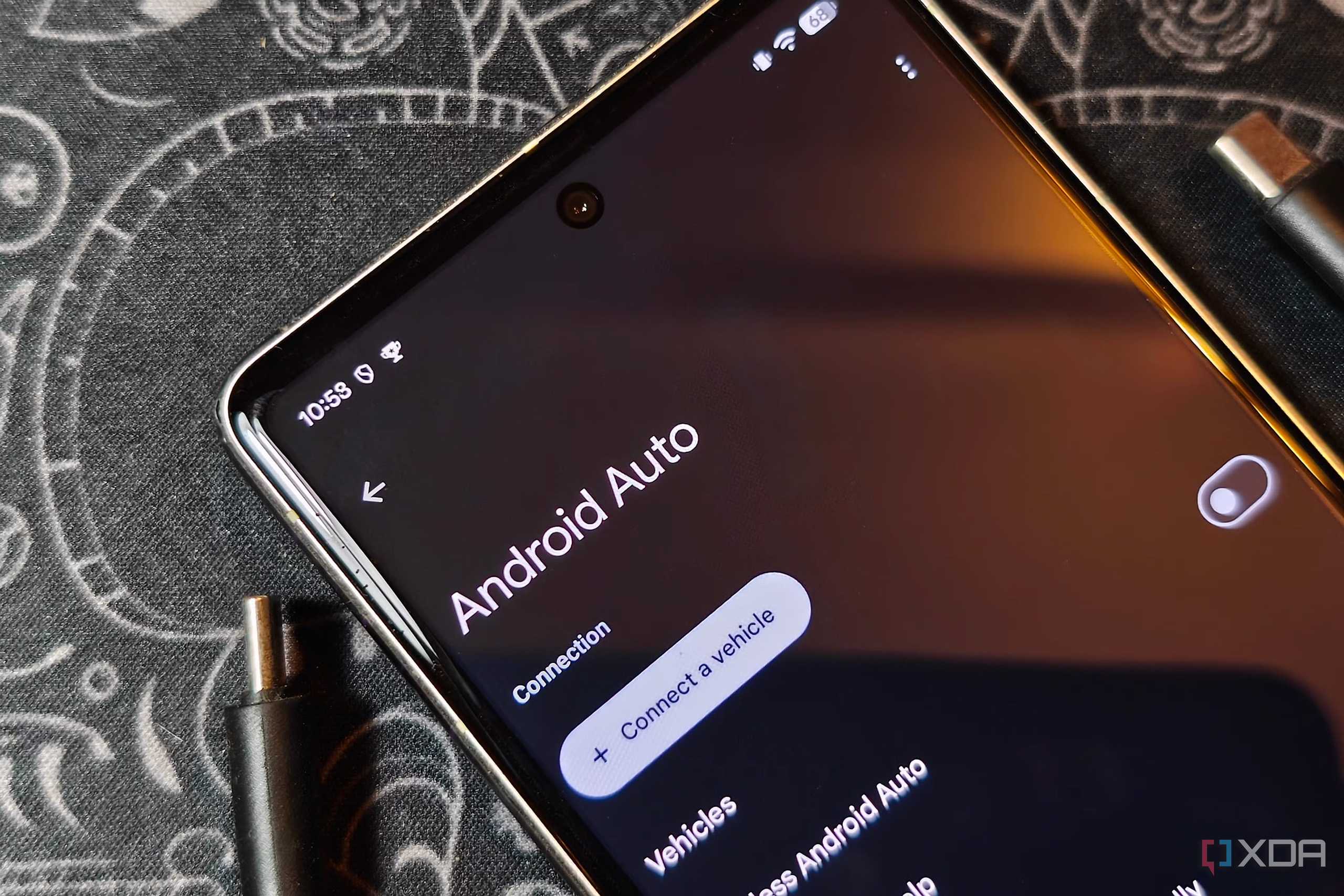 Android Auto Settings Page on a phone on a black mat
