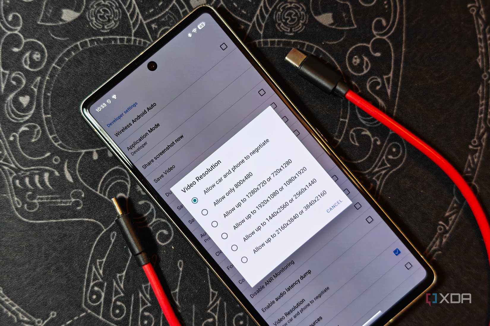 Android Auto Video Resolution Settings options on a Pixel 7