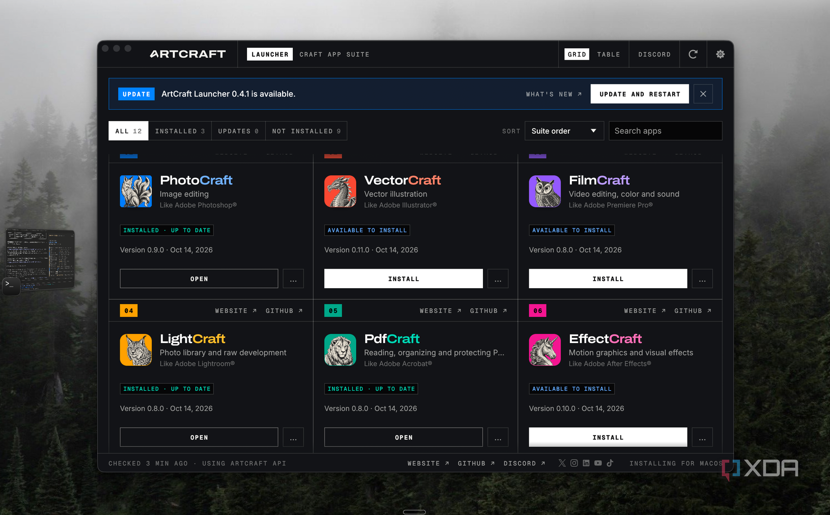 ArtCraft Launcher on a Mac showing PhotoCraft, PdfCraft and other open-source Adobe alternatives